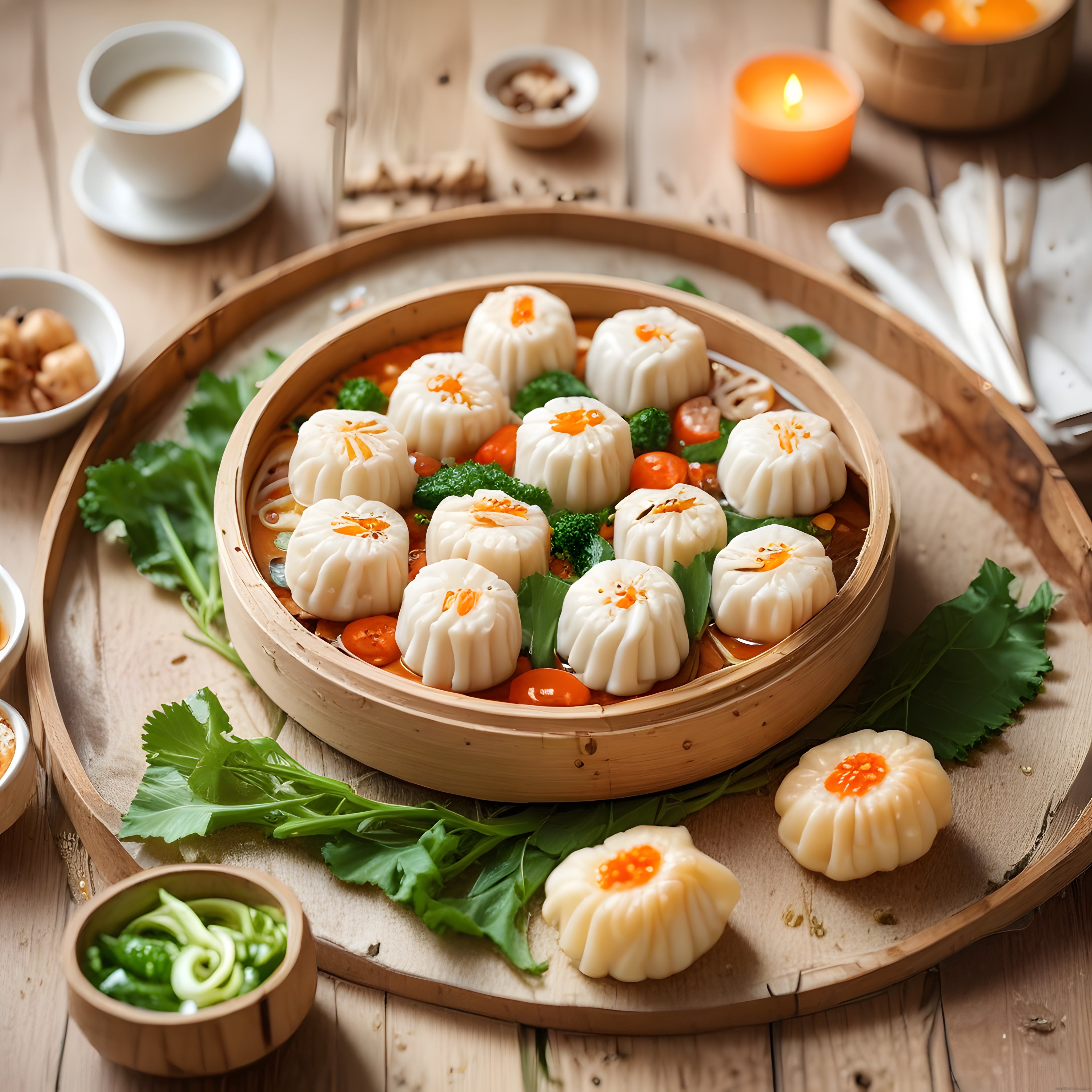 Sıcak Mum Işığında Bambu Buharda Çiçek Şeklinde Dim Sum Sunumu