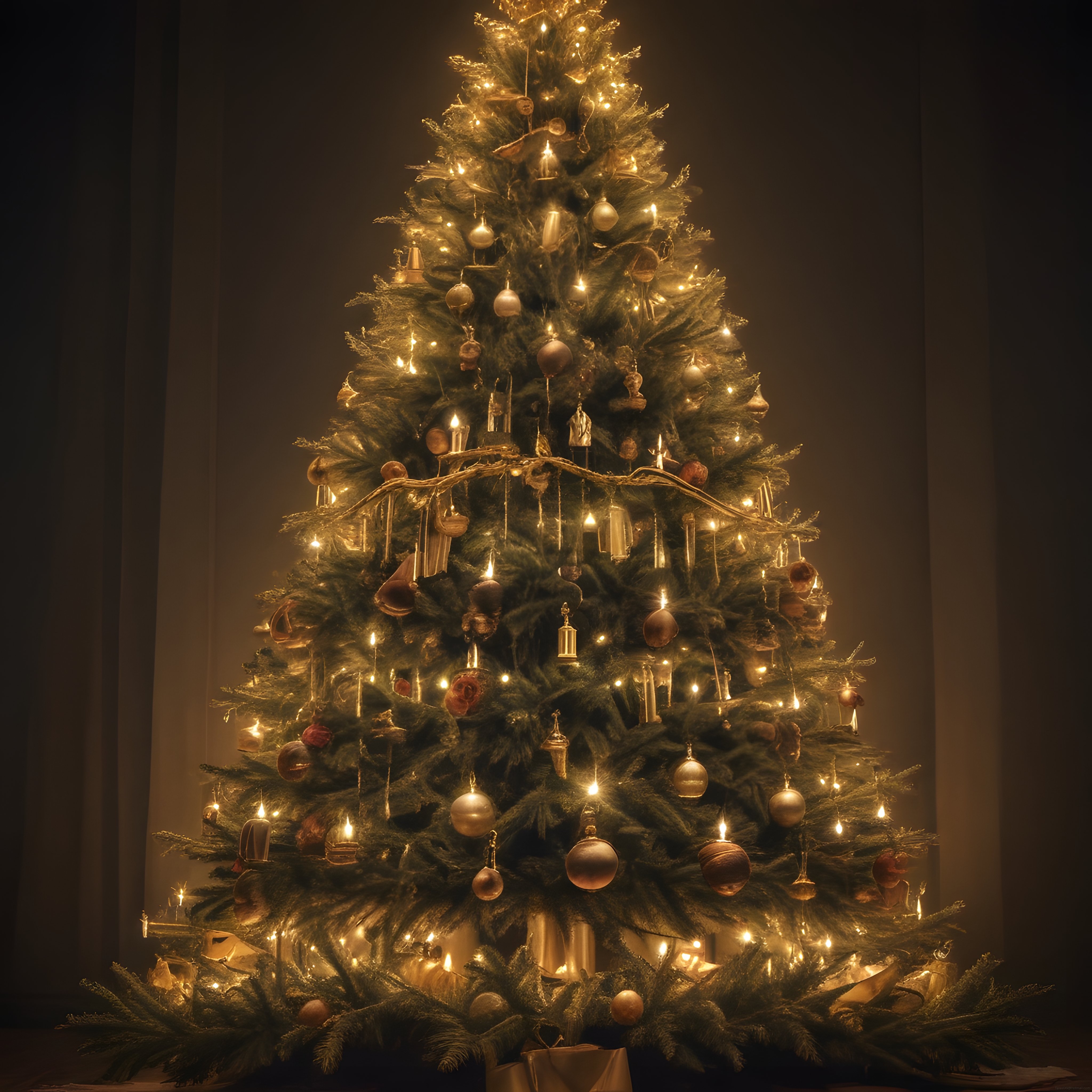 Sıcak Mum Işığında Bronz ve Altın Detaylarla Süslenmiş Şık Noel Ağacı