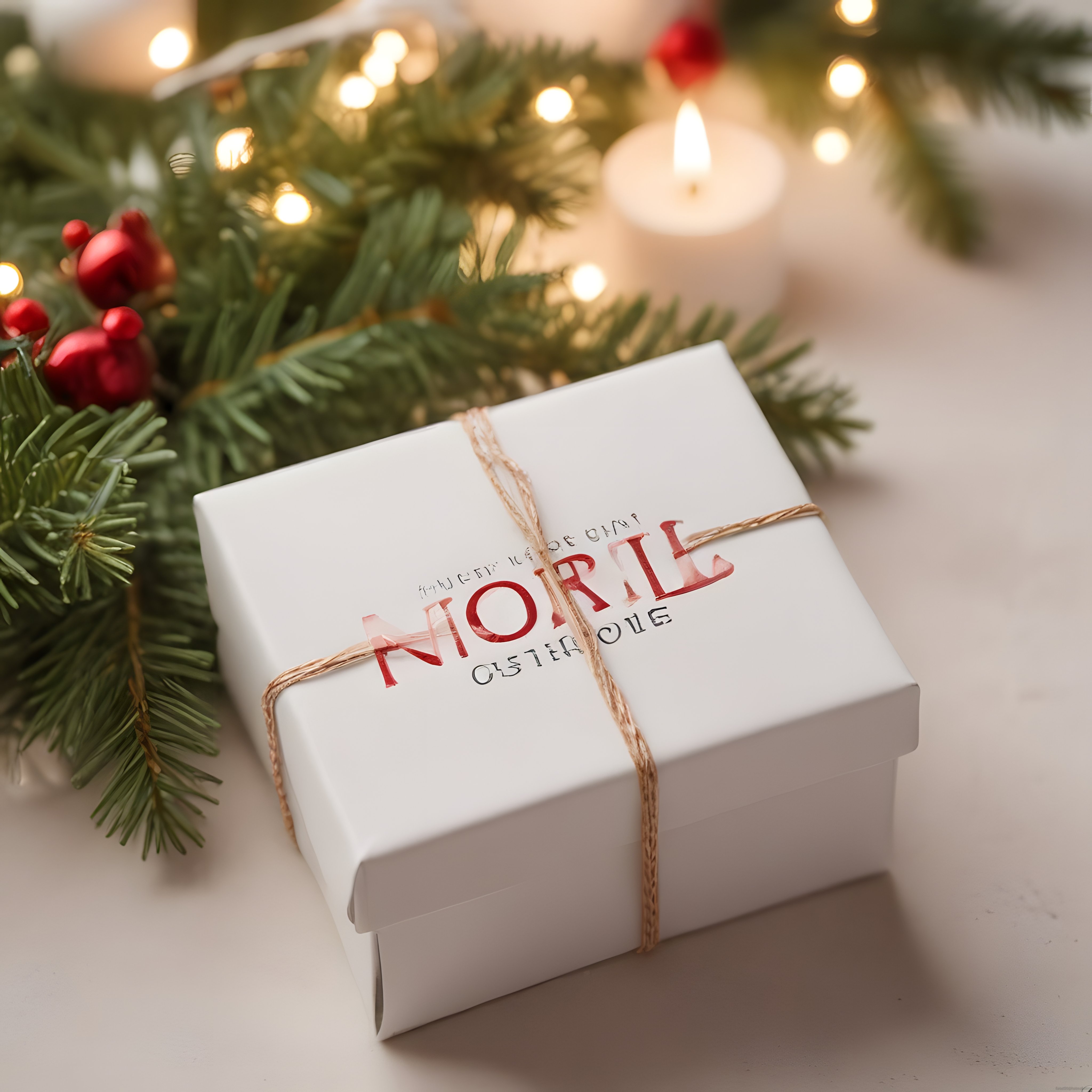 Sıcak noel atmosferinde mum ışığıyla süslenmiş beyaz hediye kutusu ve çam dalları