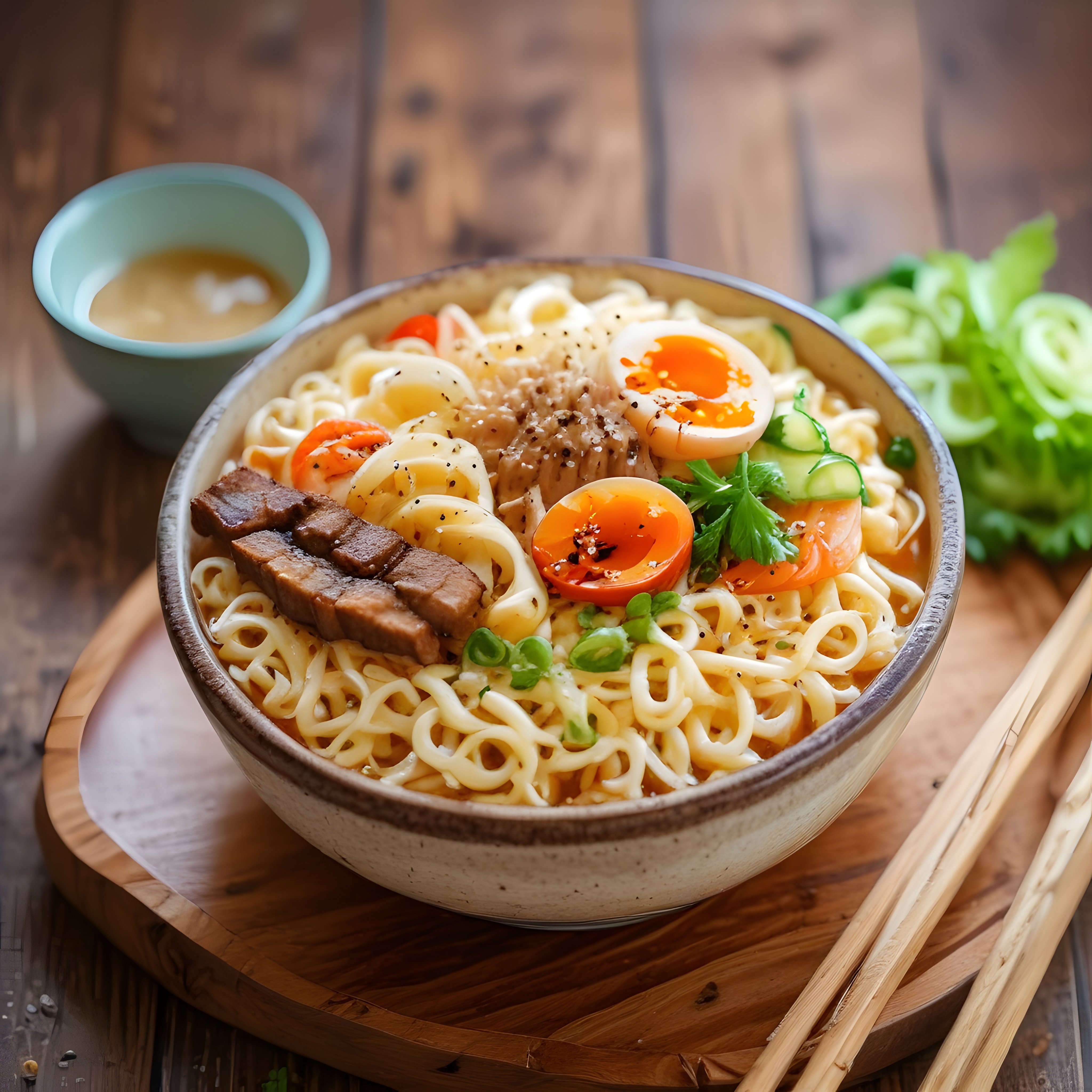 Sıcak Noodle Çorbası Kasesi: Et Dilimleri ve Yarım Pişmiş Yumurta ile Sunum