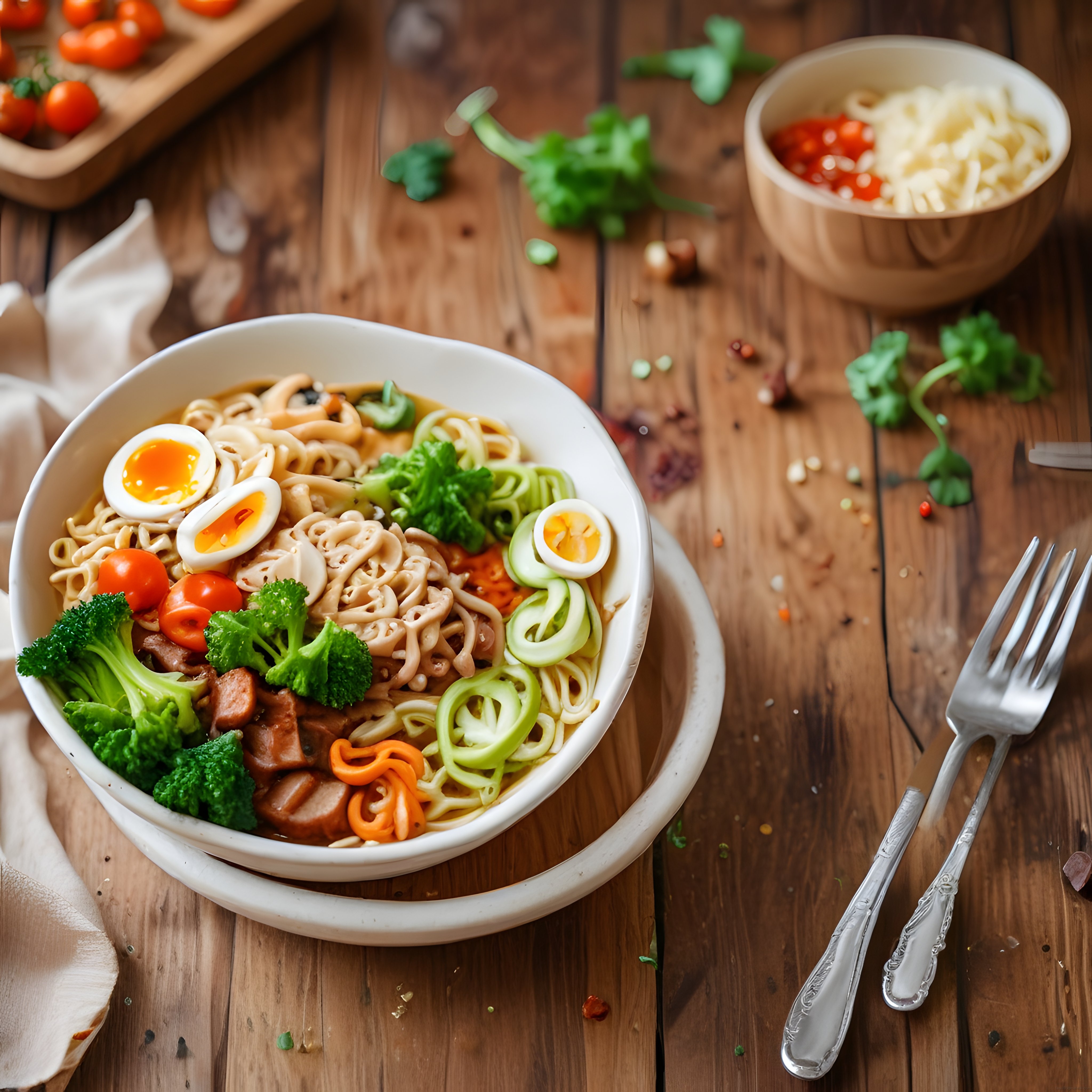 Sıcak Noodle Kasesi: Sebzeli, Yumurtalı ve Etli Asya Usulü Erişte Sunumu