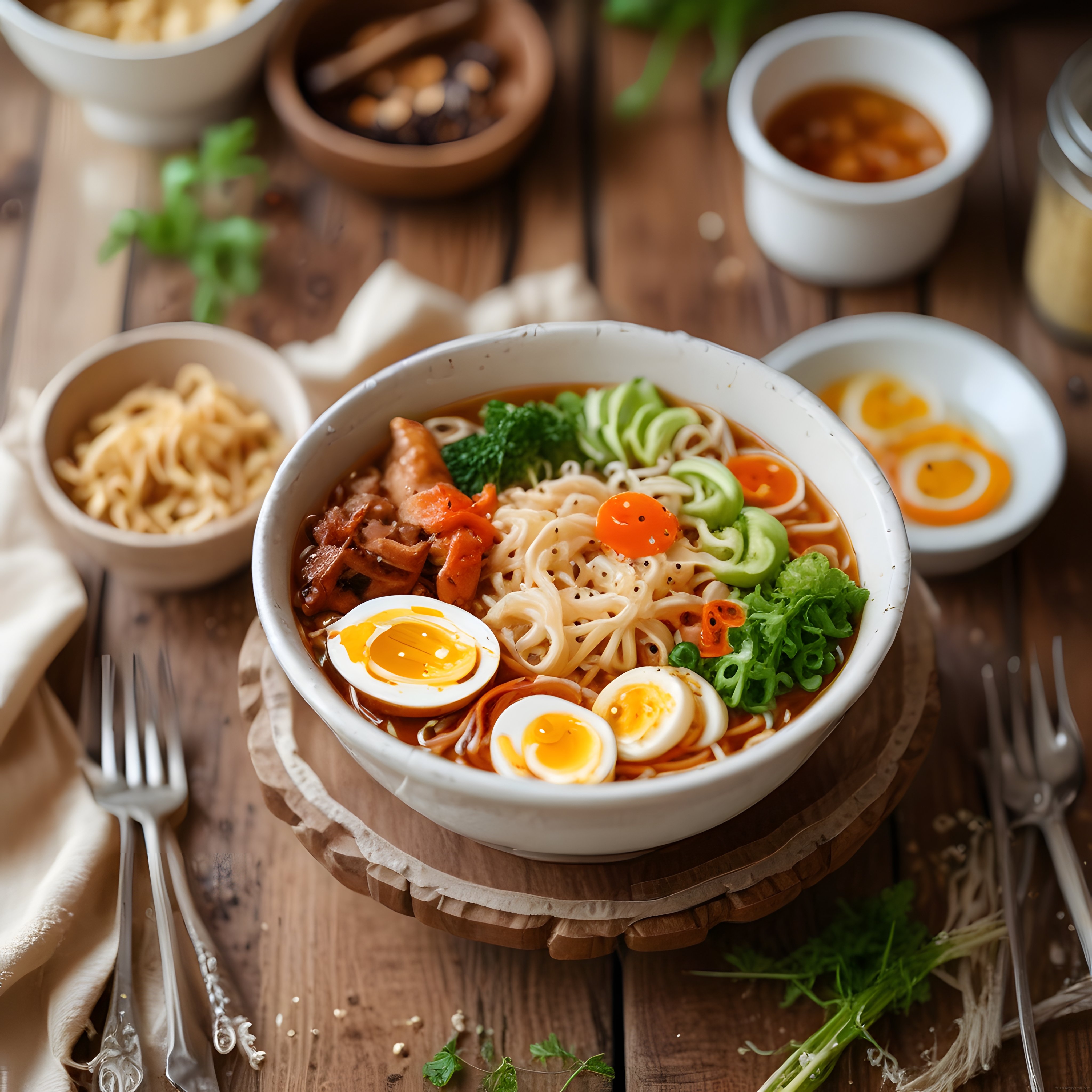 Sıcak Ramen Kasesi: Akışkan Yumurta, Taze Sebzeler ve Rustik Sunum
