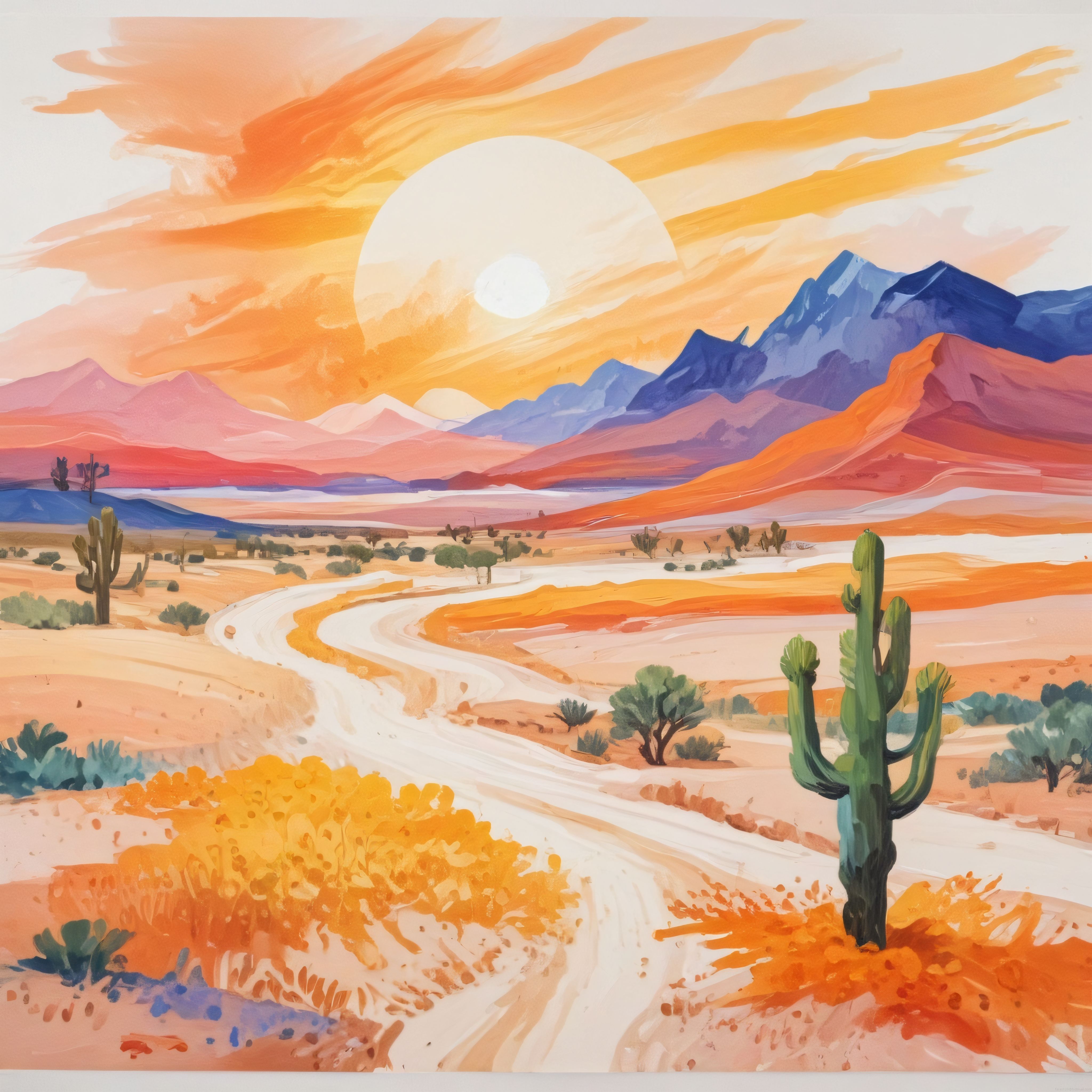 Sıcak Renklerde Suluboya Çöl Manzarası: Kıvrımlı Yol ve Kaktüsler ile Gün Batımı