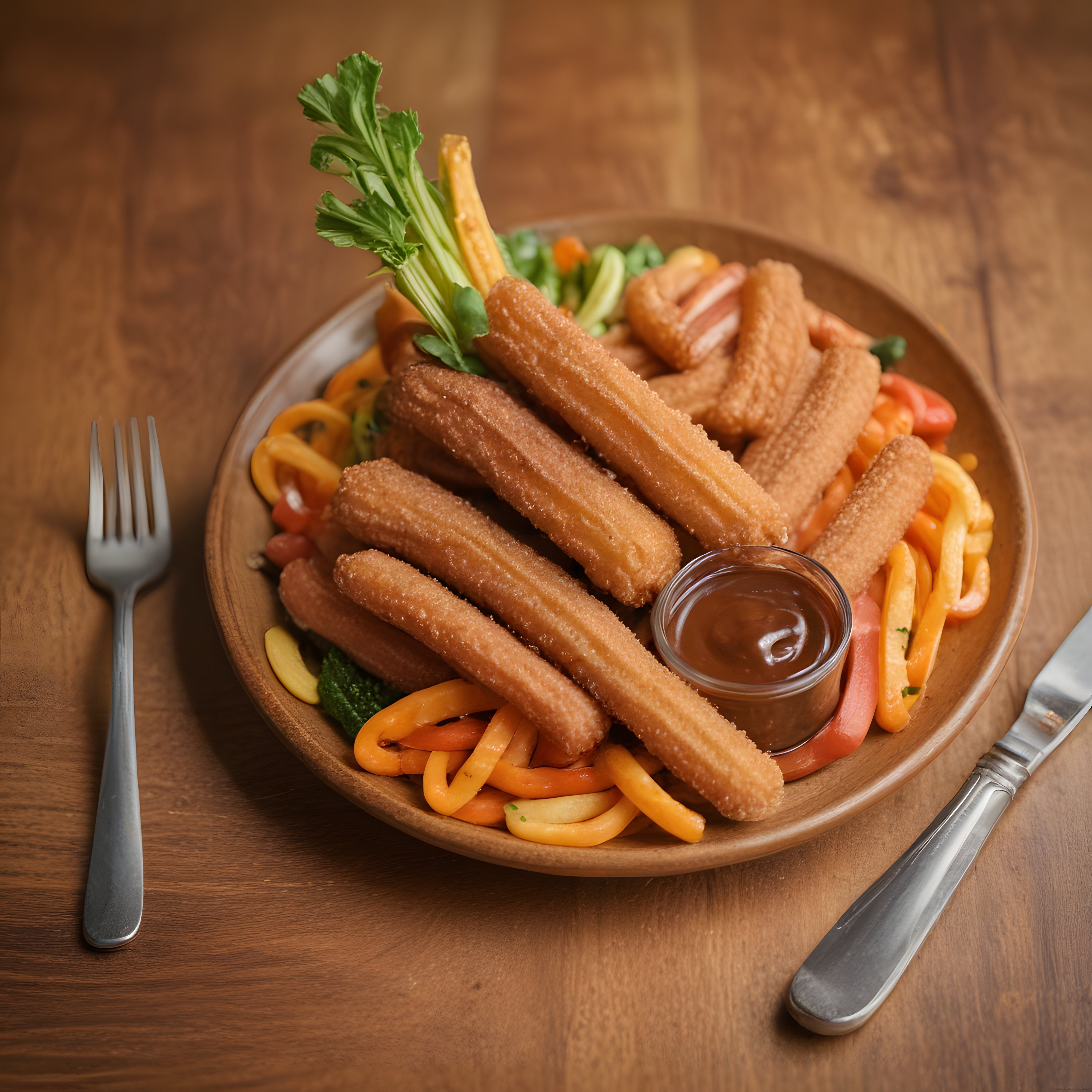 Sıcak servis edilmiş churros ve çıtır kızartmalardan oluşan rustik ahşap sunum tabağı