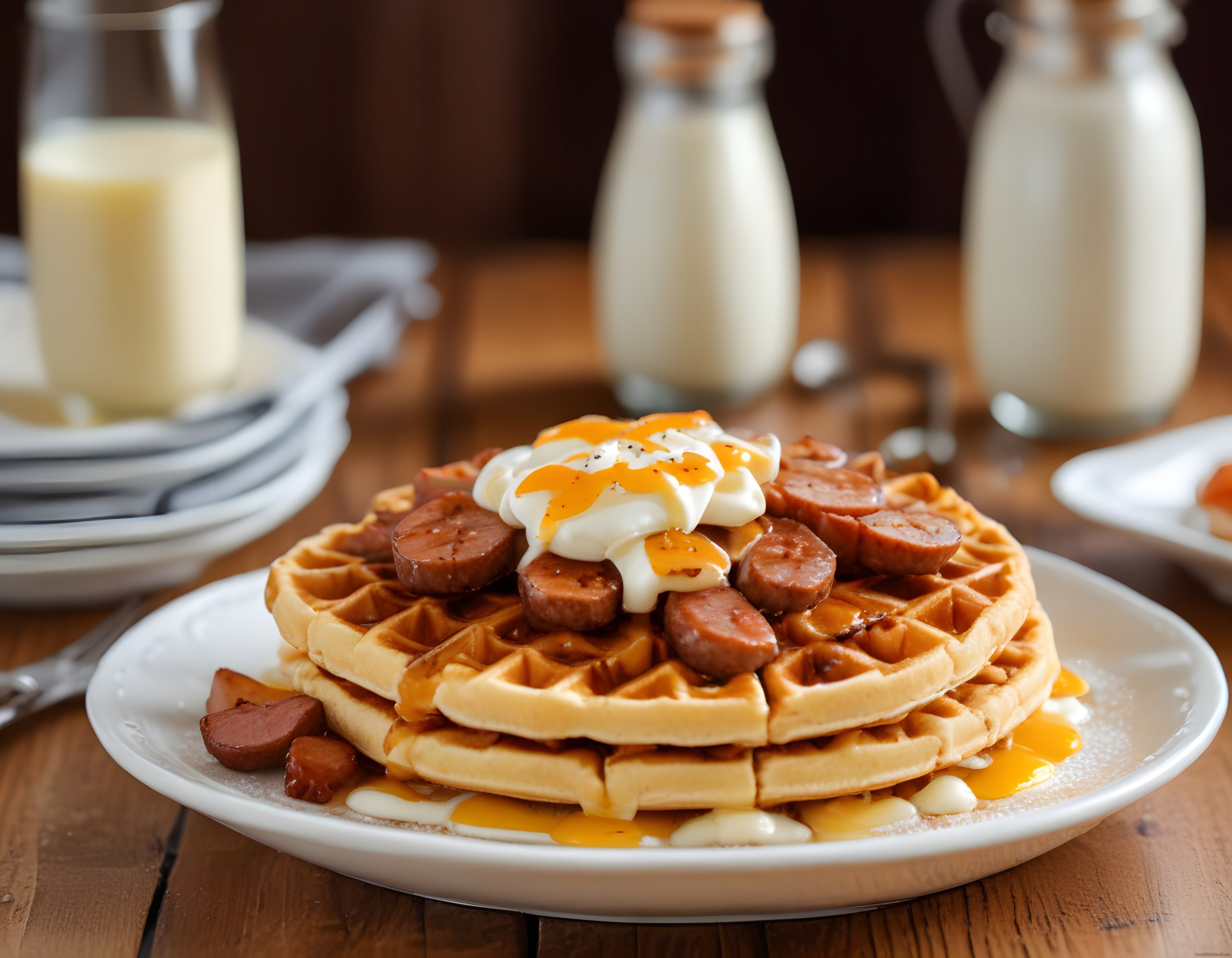 Sıcak Sosisli Yumurtalı Waffle Kahvaltı Tabağı ve Akçaağaç Şurubu Lezzeti