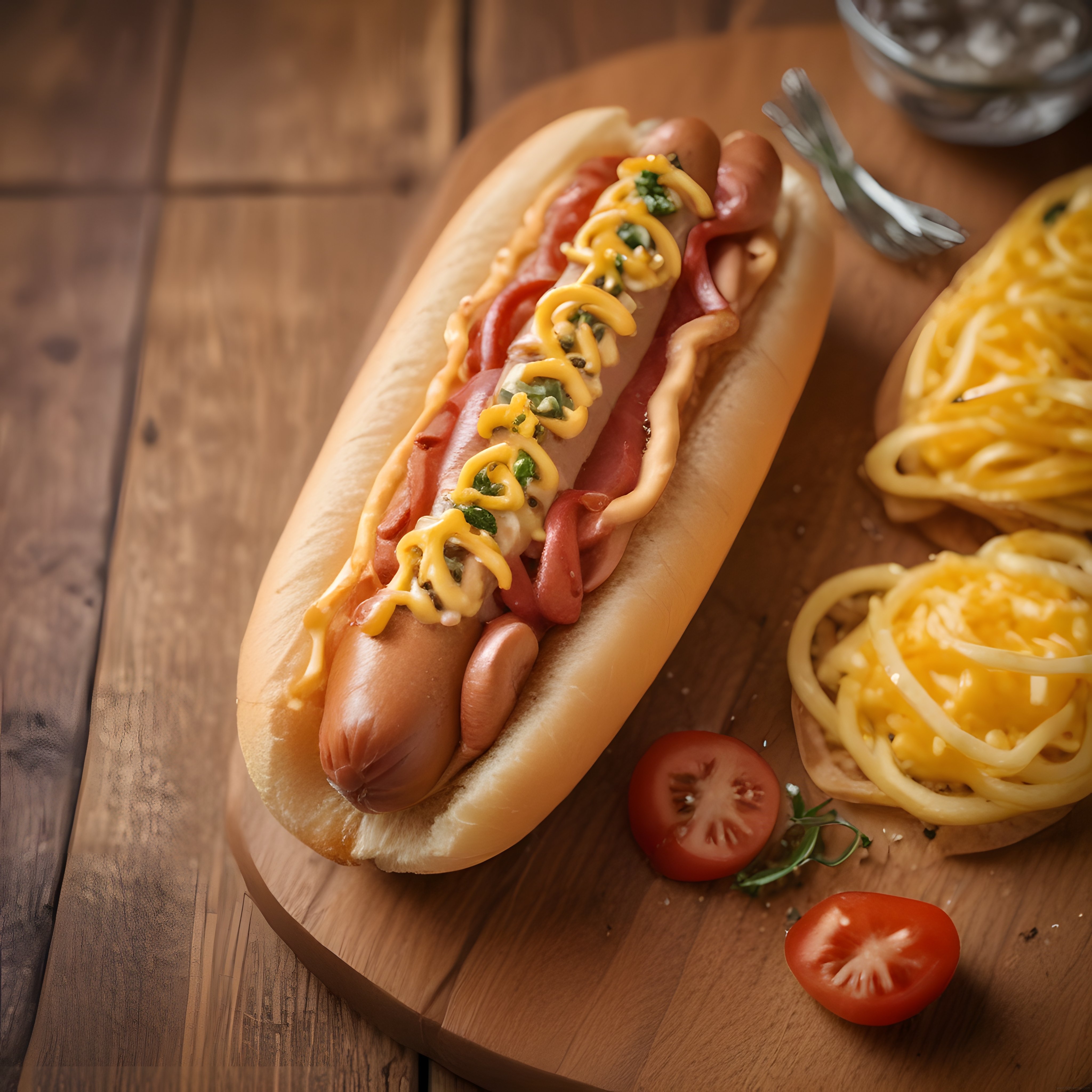 Sıcak Soslarla Süslenmiş Klasik Hot Dog ve Peynirli Makarna Ahşap Sunumda