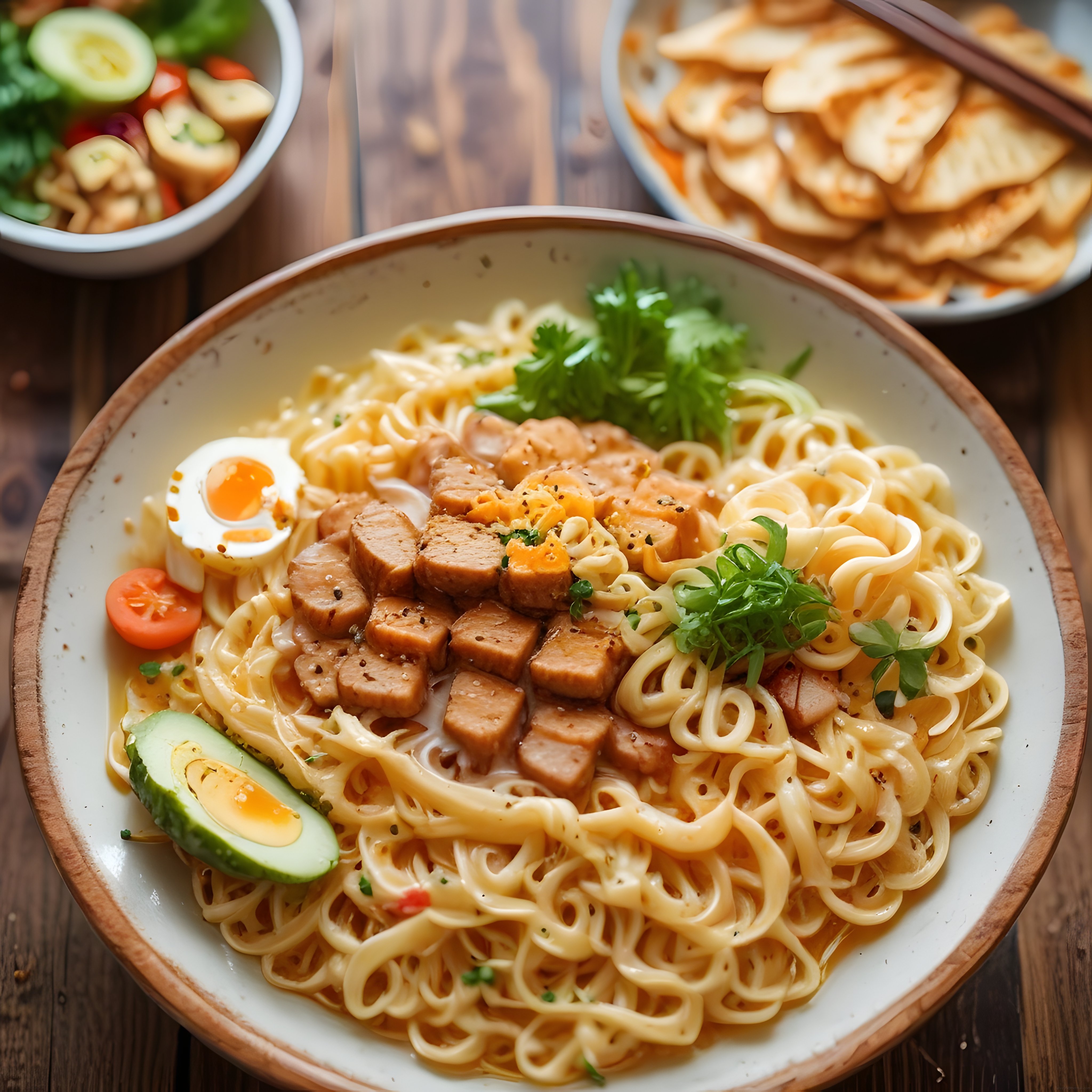 Sıcak Soslu Etli Noodle Sunumu: Yumurta, Sebze ve Çıtır Yan Lezzetler