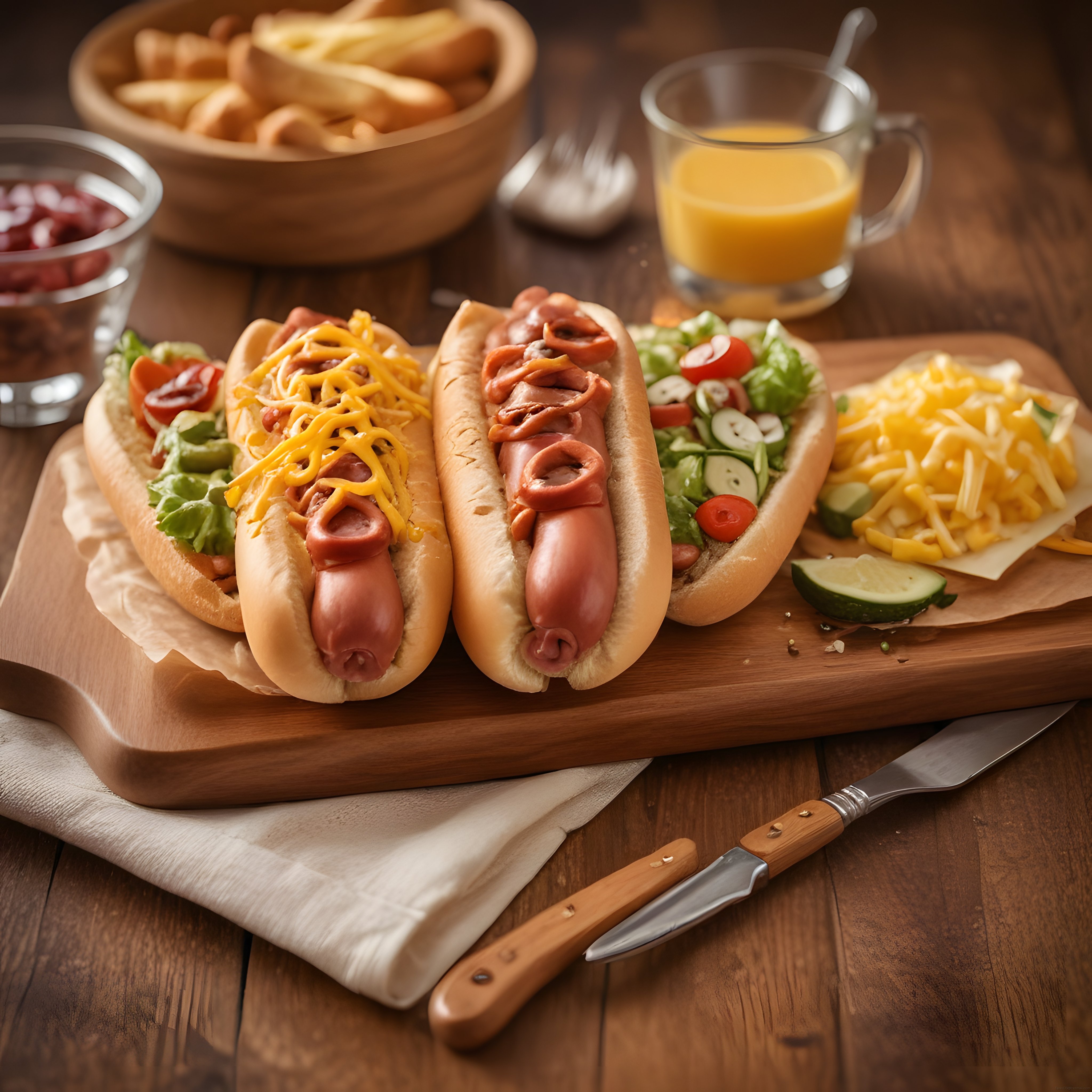 Sıcak Soslu Hot Doglar, Çıtır Patates ve Portakal Suyu ile Lezzetli Masa