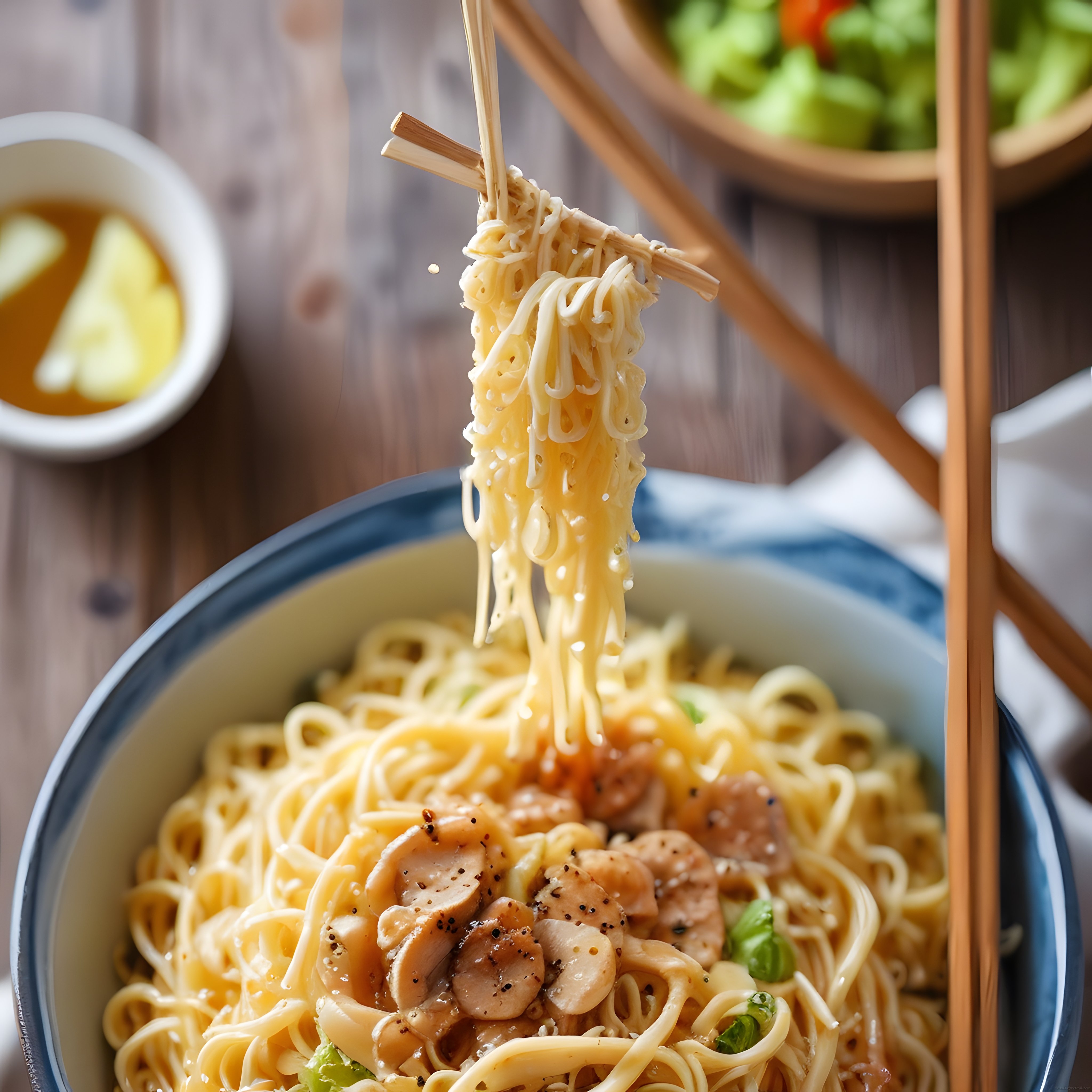 Sıcak Tavuklu Mantarlı Erişte Chopstick ile Mavi Kaseden Kaldırılıyor