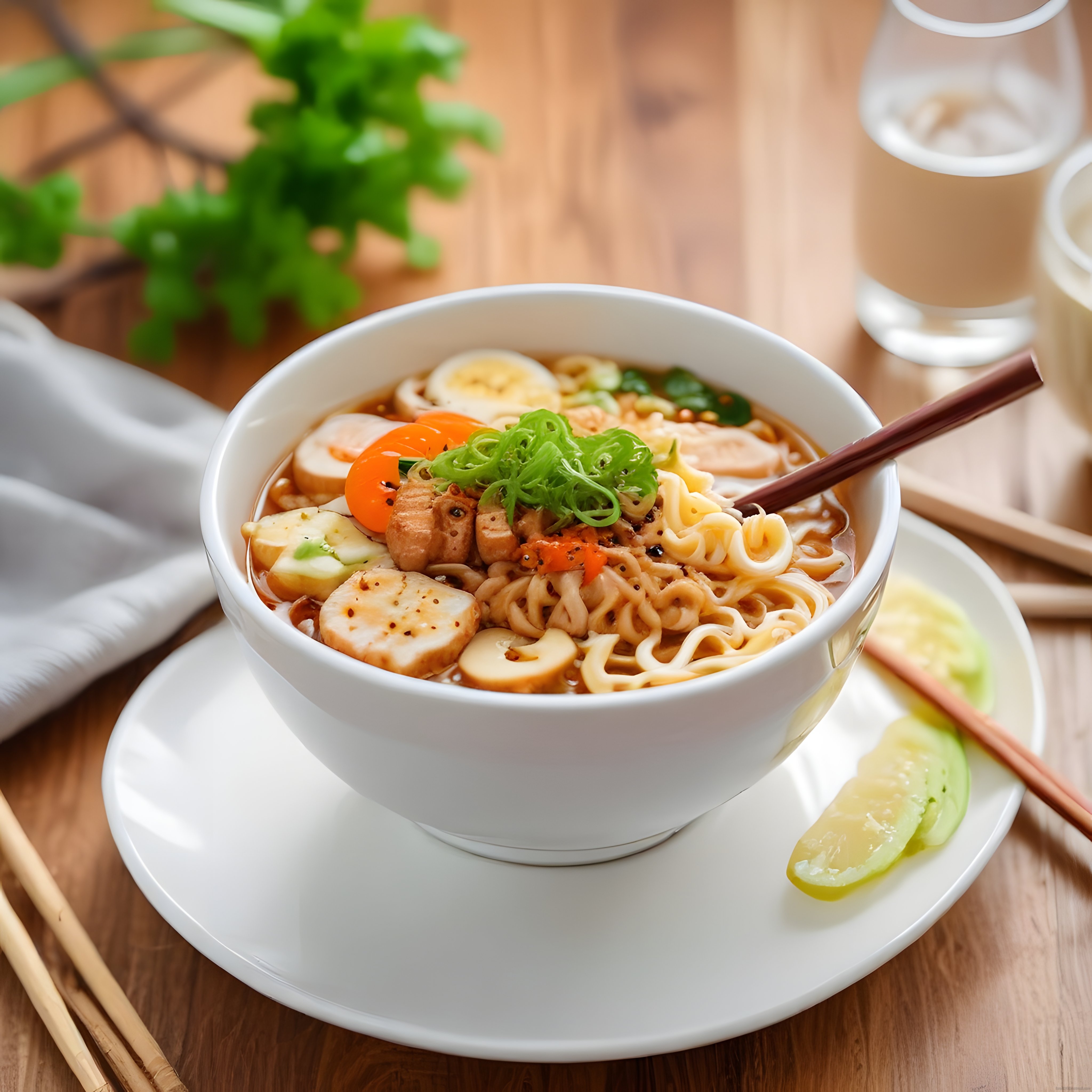 Sıcak Tavuklu Noodle Çorbası: Yumurta, Yeşil Soğan ve Taze Sebzelerle Servis