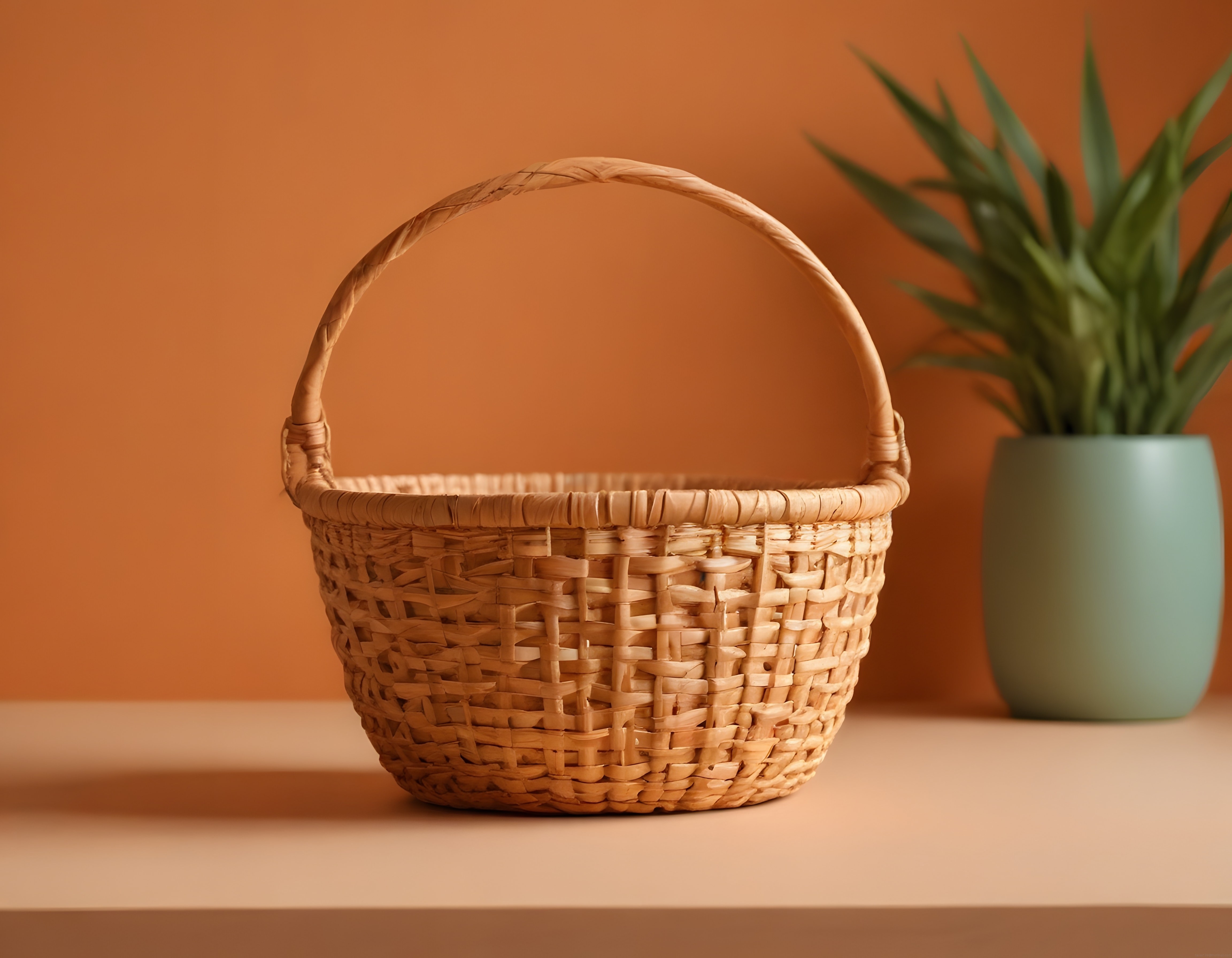 Sıcak Terracotta Tonlarında Doğal Hasır Sepet ve Saksı Bitkisi Detayı