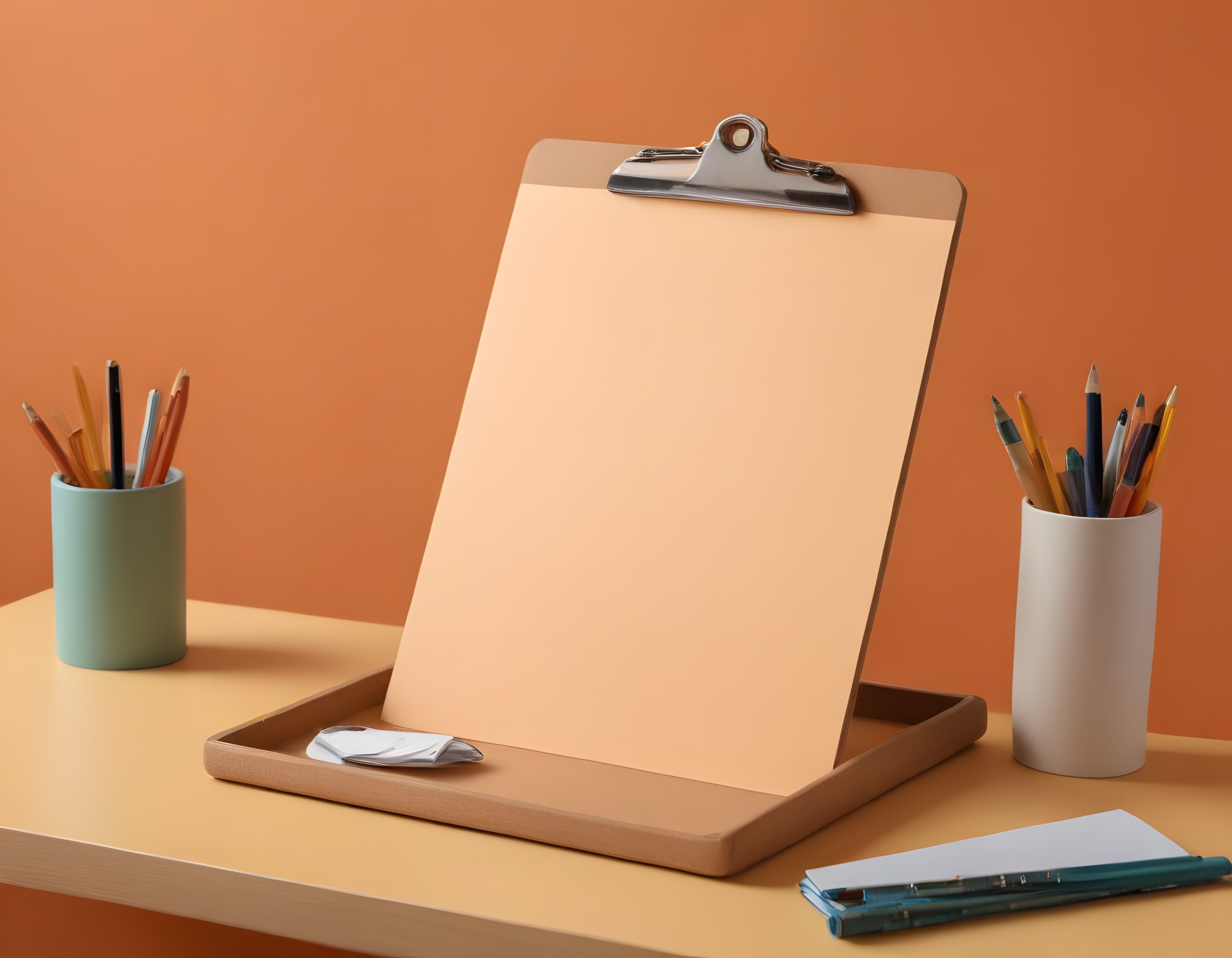 Sıcak tonlarda minimalist çalışma masası ve boş clipboard ile düzen kompozisyonu