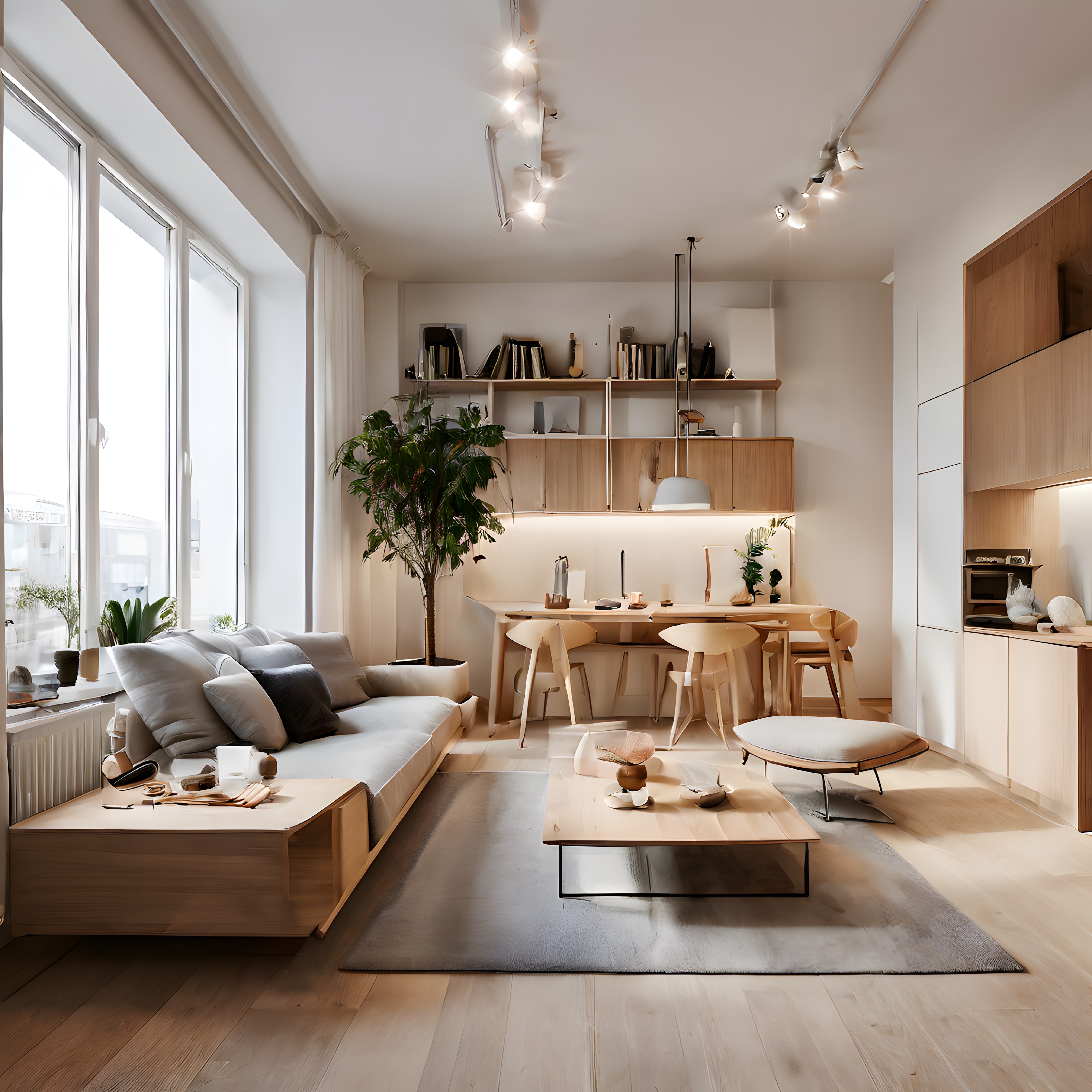 Sıcak Tonlarda Modern ve Minimalist Açık Mutfaklı Salon Dekorasyonu