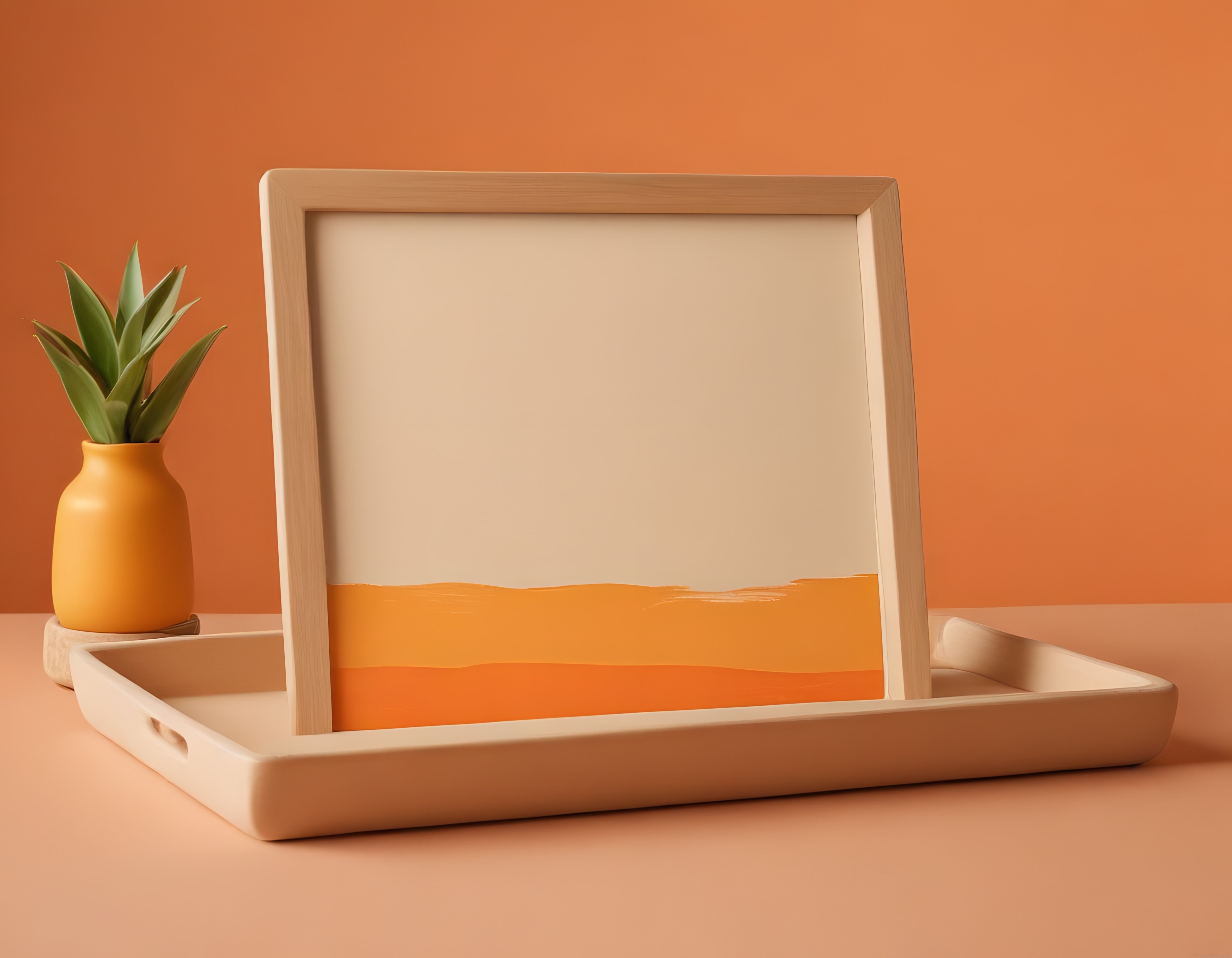 Sıcak Turuncu Arka Planda Ahşap Çerçeve Mockup ve Minimalist Dekor