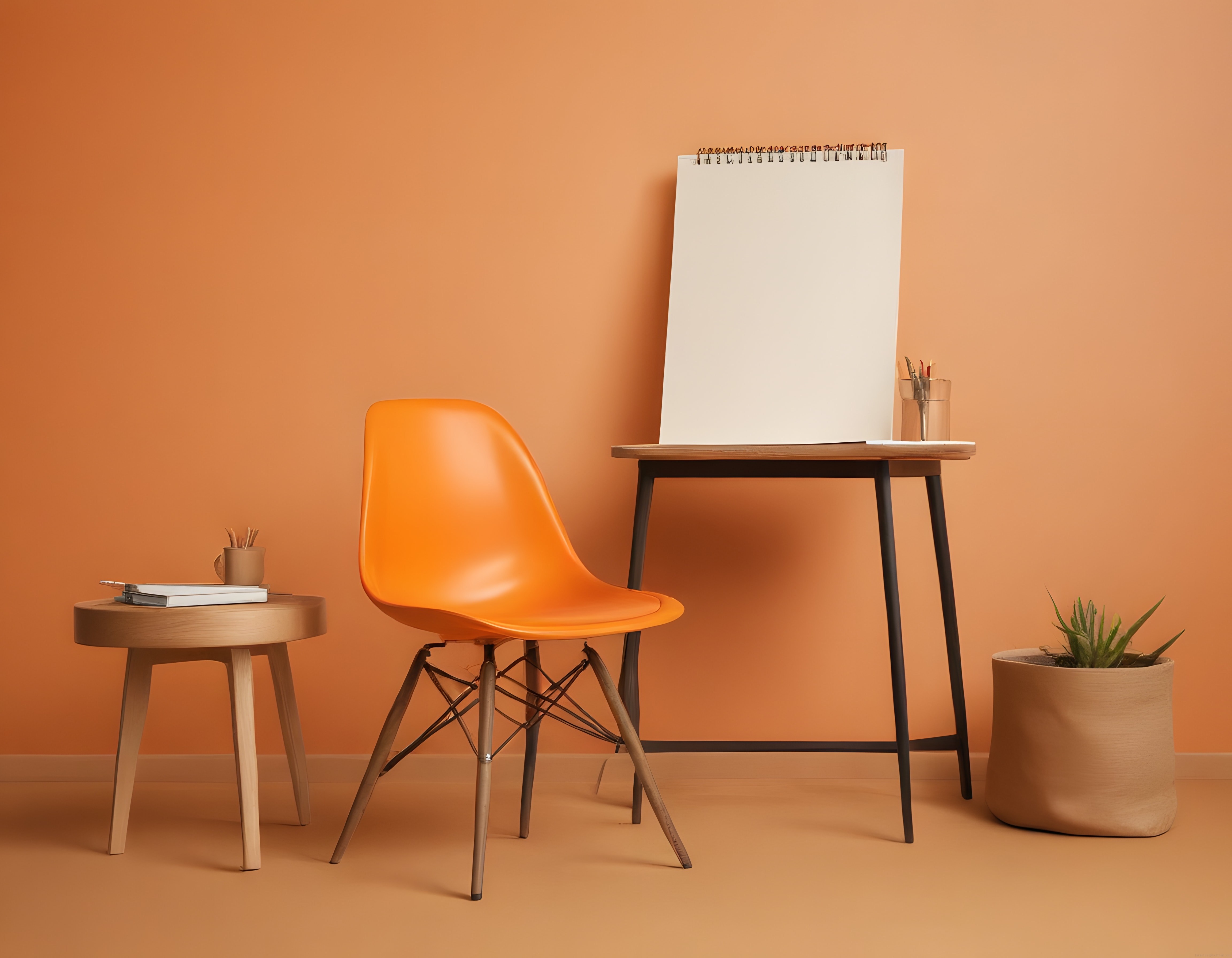 Sıcak turuncu duvar önünde minimalist sanat köşesi ve modern dekorasyon