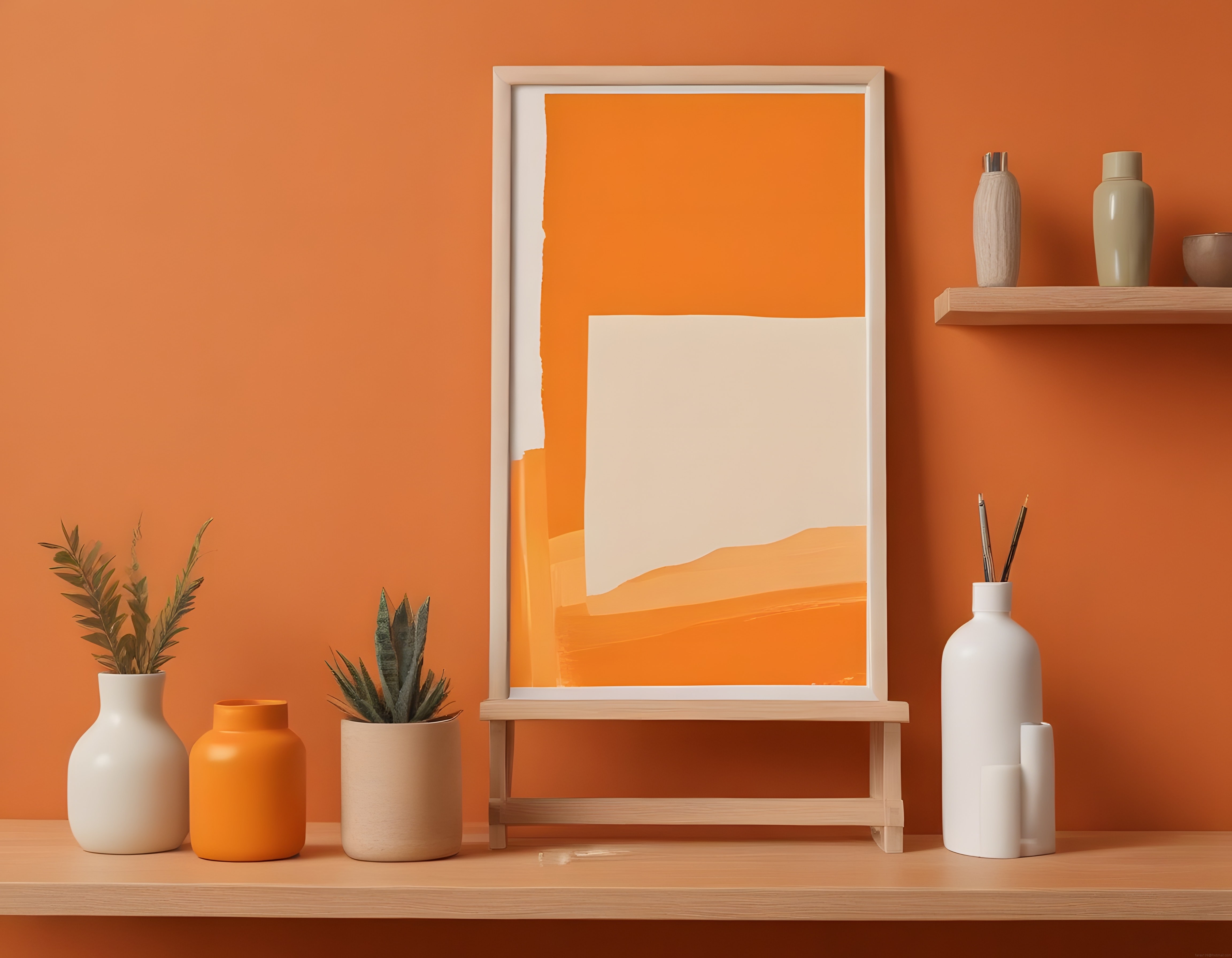 Sıcak Turuncu Duvarında Minimalist Dekor ve Soyut Sanat Eseri