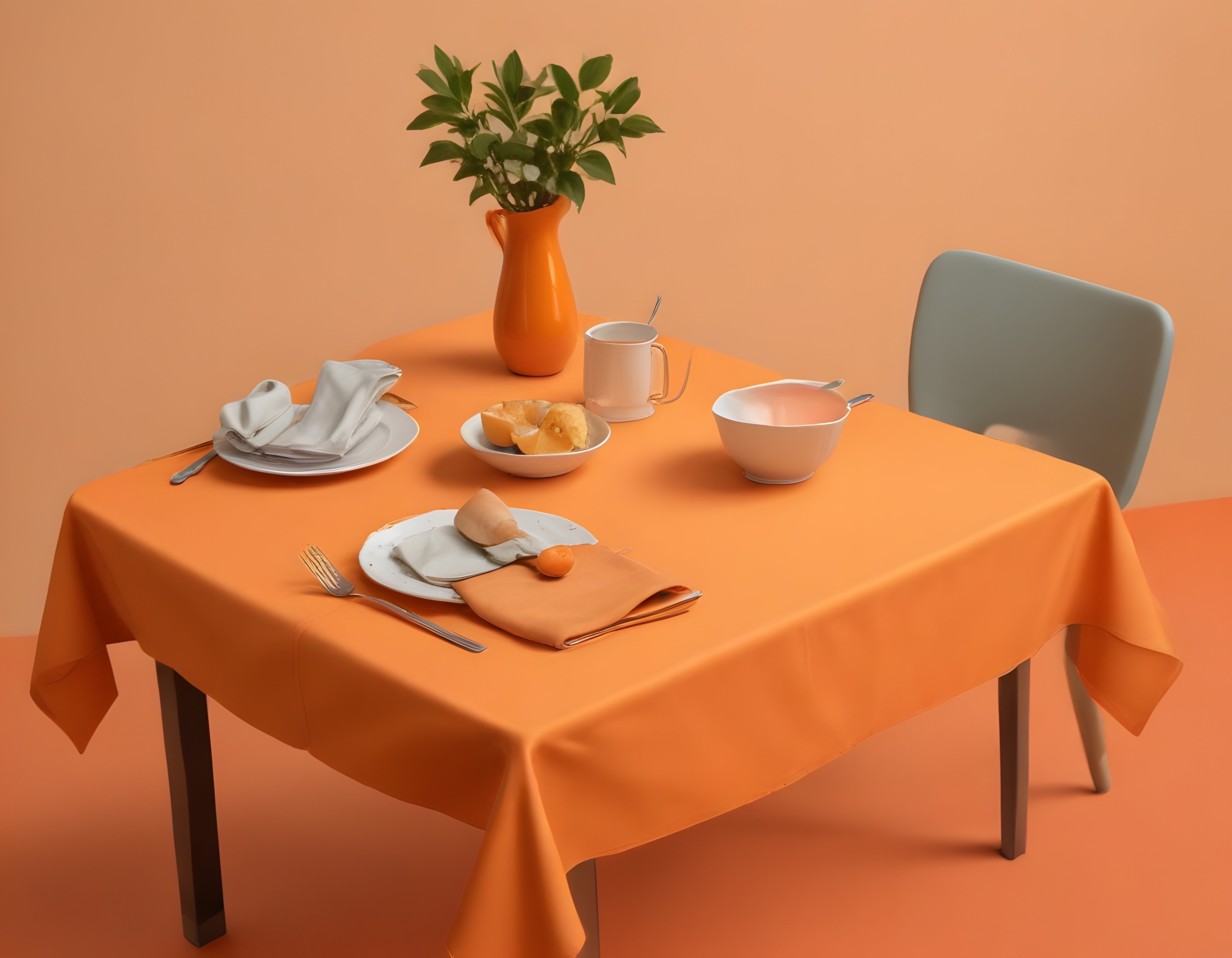 Sıcak Turuncu Tonlarda Minimalist Yemek Masası ve Dekoratif Obje Düzeni