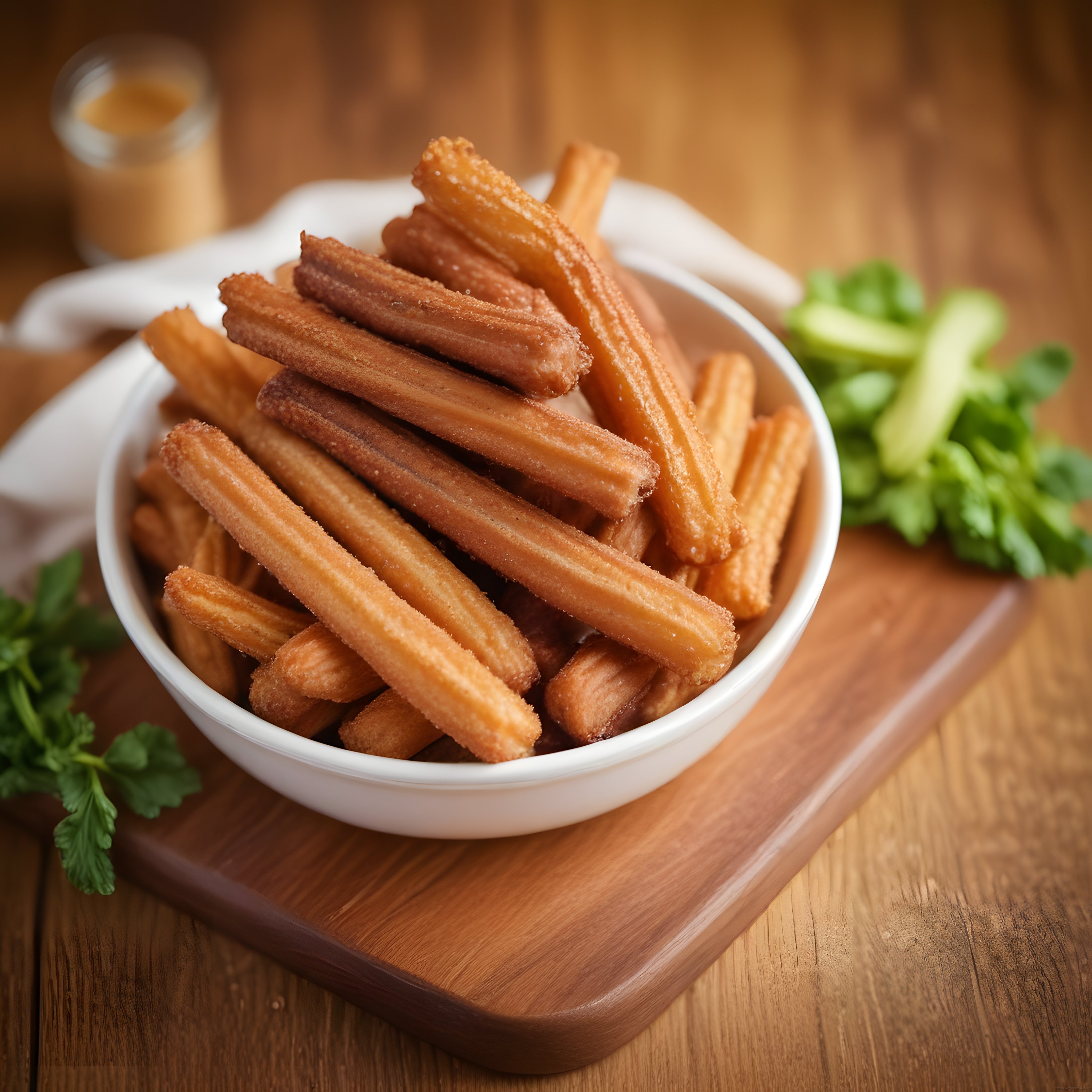 Sıcak ve Çıtır Churros Çubukları Beyaz Kasede Çikolata Sosuyla Sunulmuş