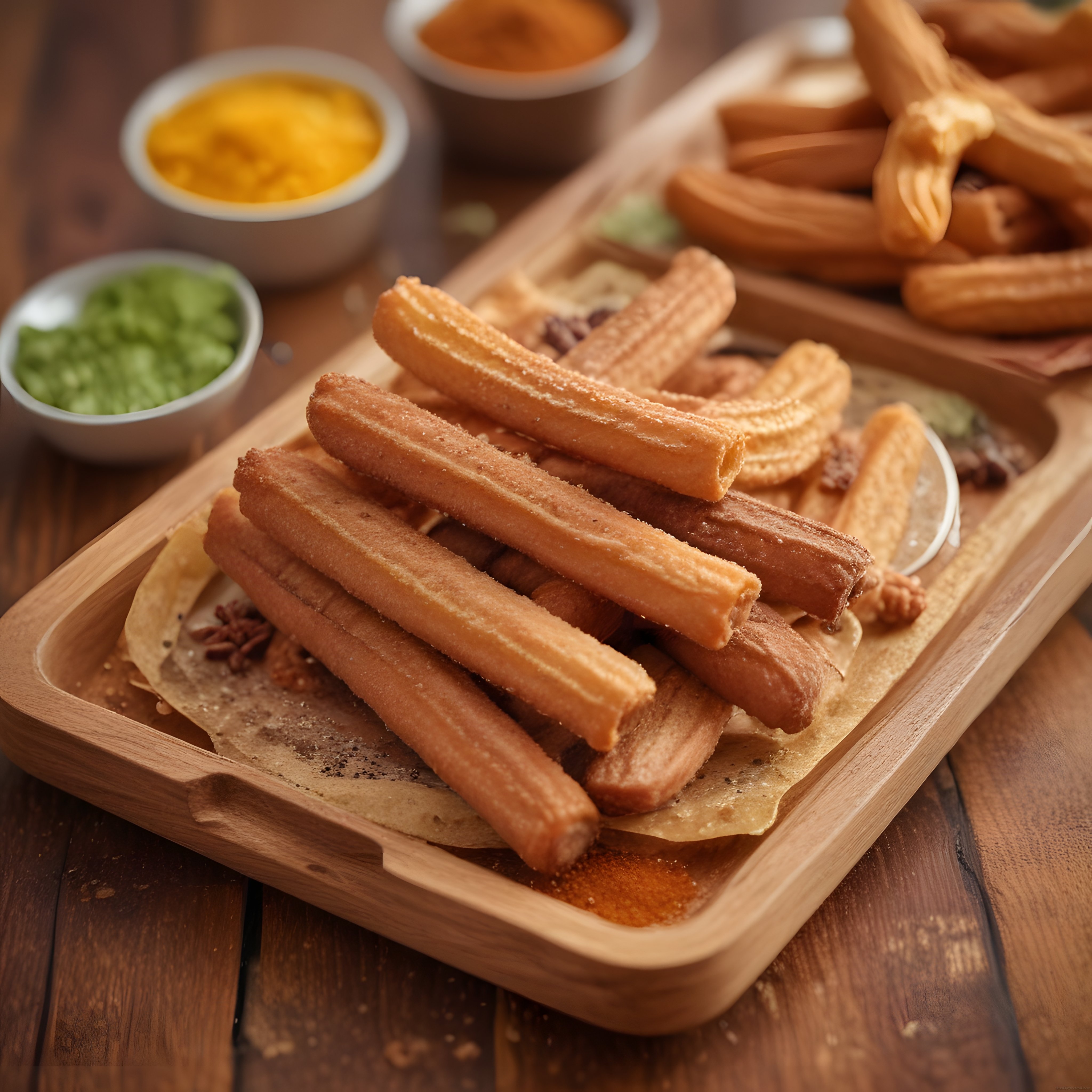 Sıcak ve çıtır churros tatlısı, tarçın şekeri ve yanında çeşitli dip soslarla servis