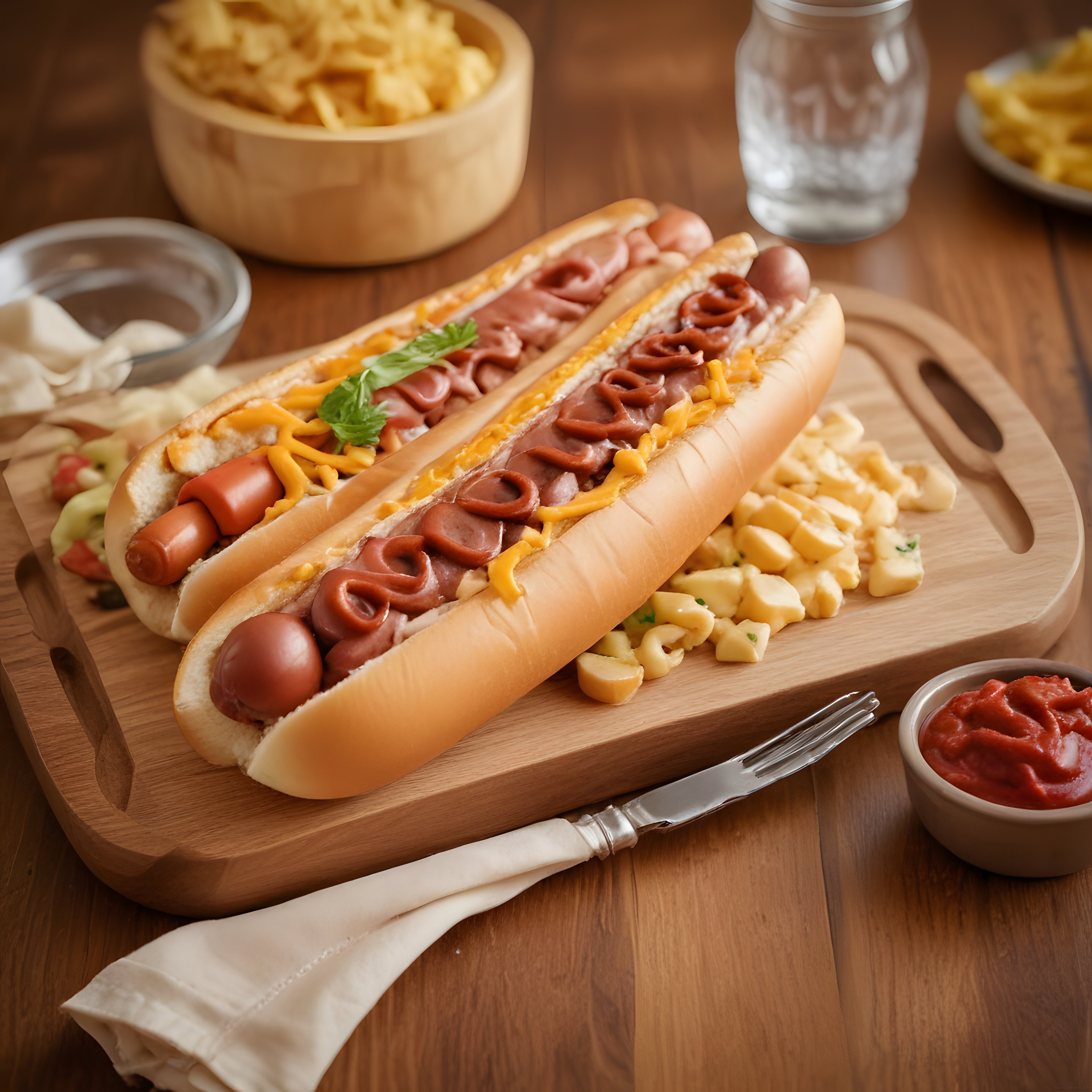 Sıcak ve Lezzetli: Ahşap Sunum Tahtası Üzerinde İkili Hot Dog Keyfi