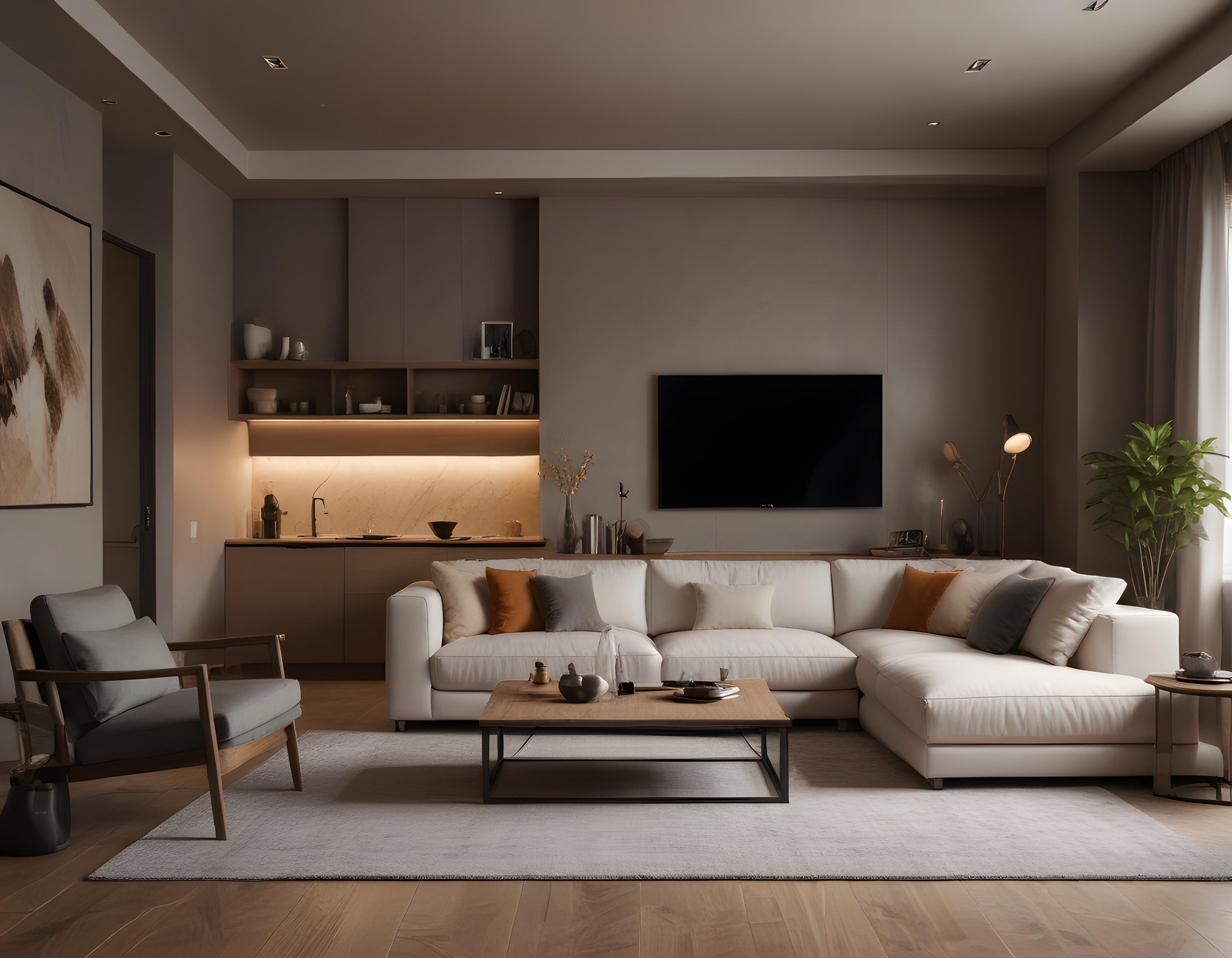 Sıcak ve Modern Dokunuşlarla Tasarlanmış Minimalist Oturma Odası İç Mekan Görünümü