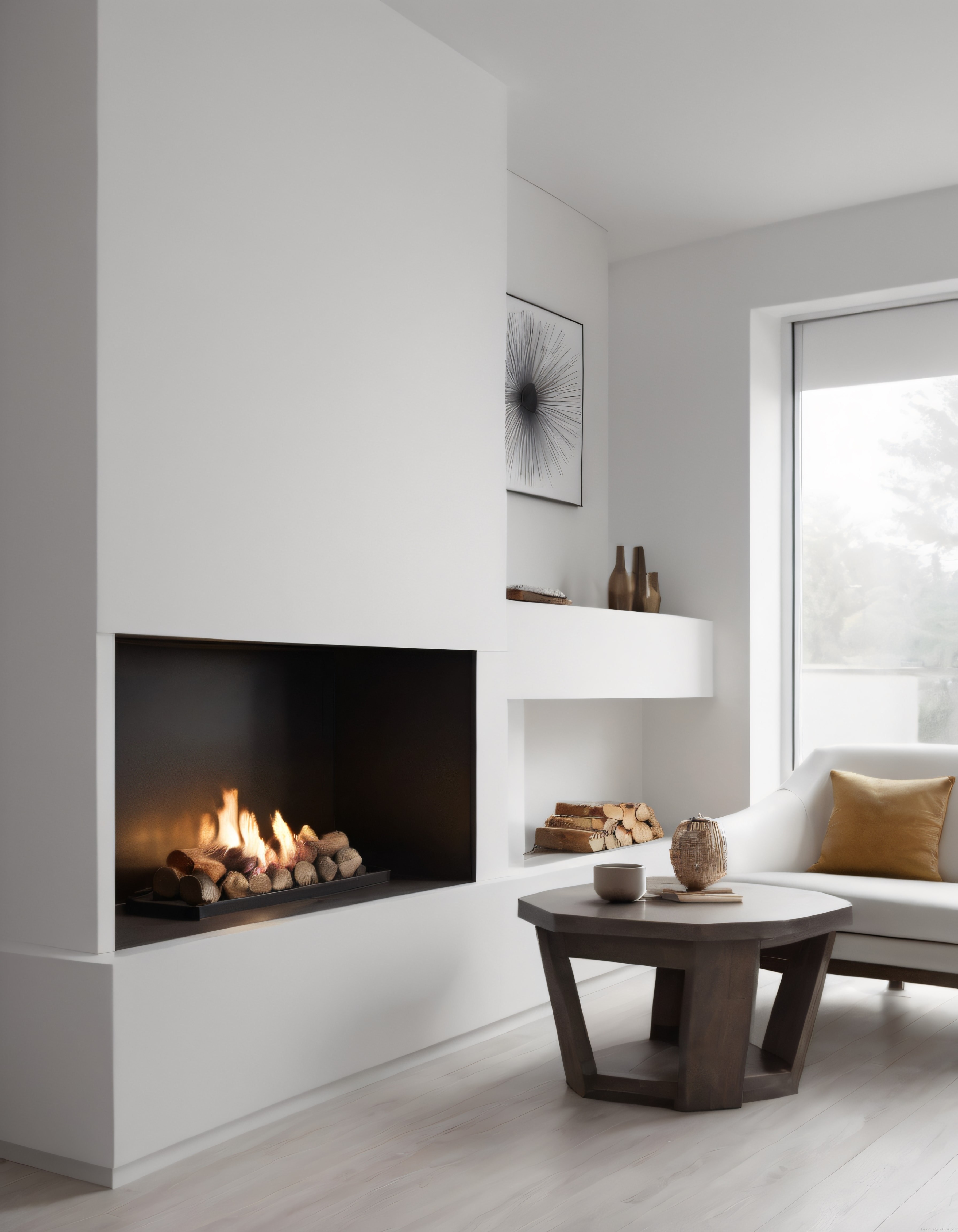 Sıcak ve Modern Yaşam Alanı: Minimalist Şömineli Beyaz Salon Dekorasyonu