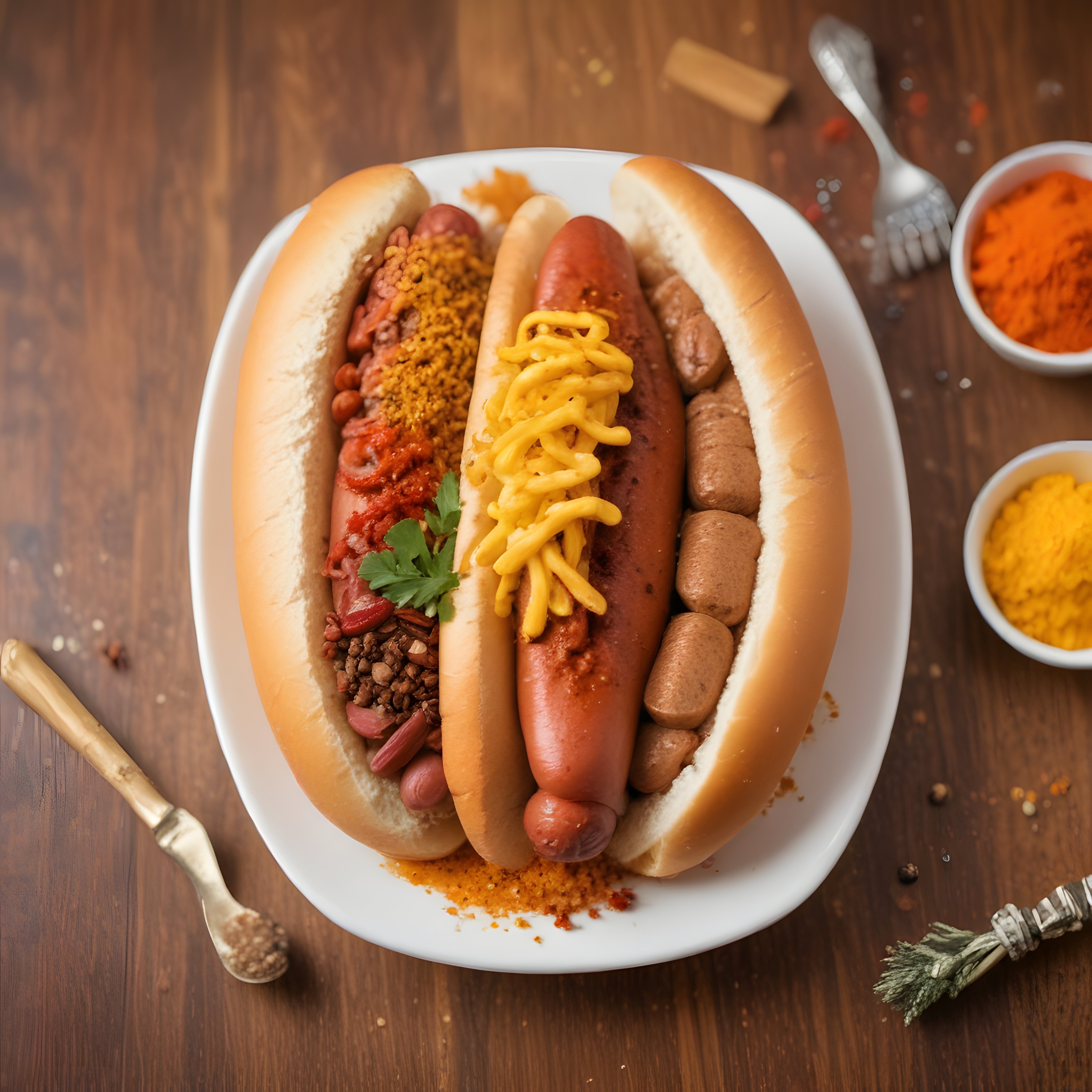 Sıcak ve Nefis: Ahşap Masada Üç Çeşit Peynirli Soslu Hot Dog Servisi