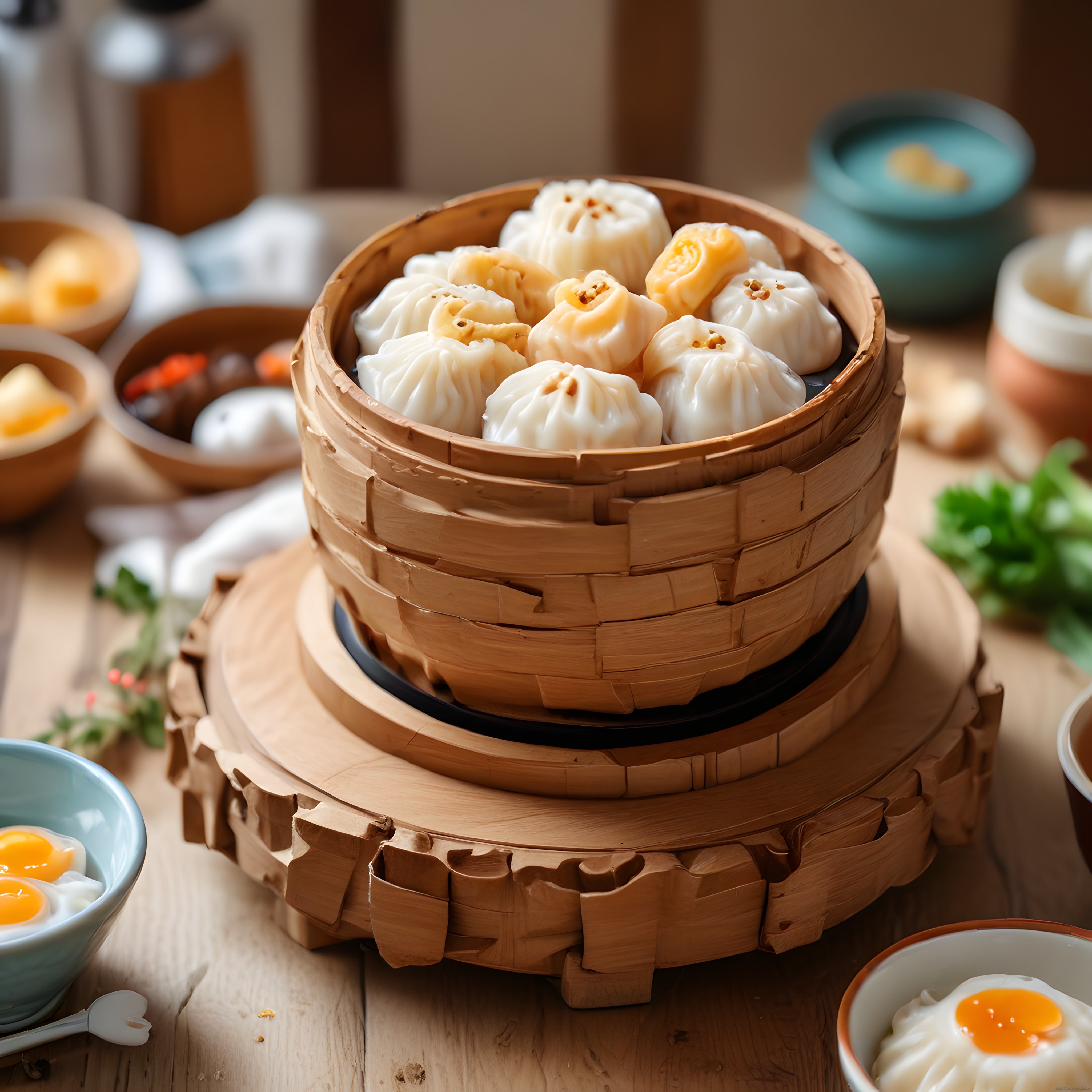 Sıcak ve Rustik: Bambu Buhar Sepetinde Dim Sum Mantı ve Kahvaltı Sofrası