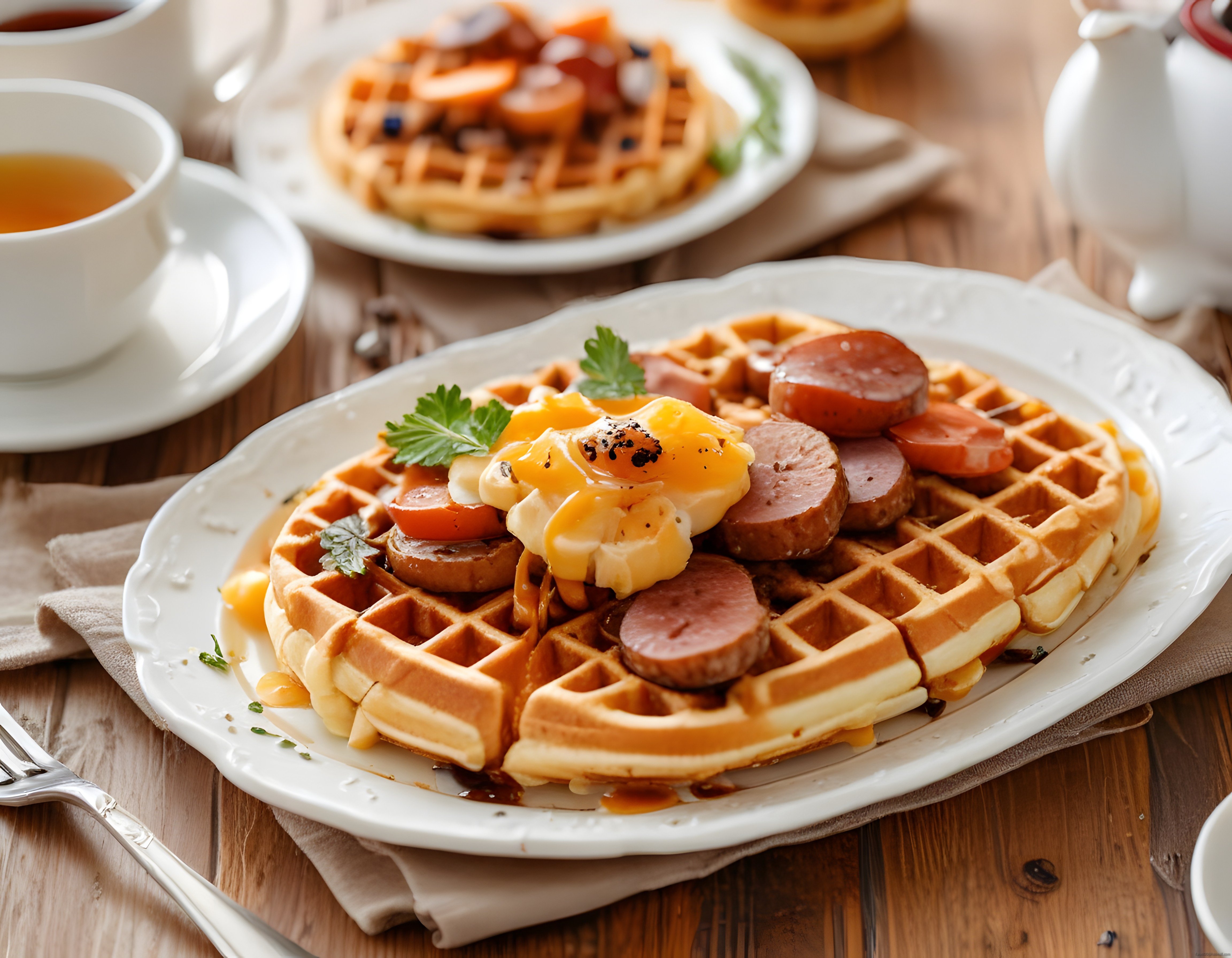 Sıcak waffle tabağı üzerinde yumurta ve sosis ile şölen gibi kahvaltı