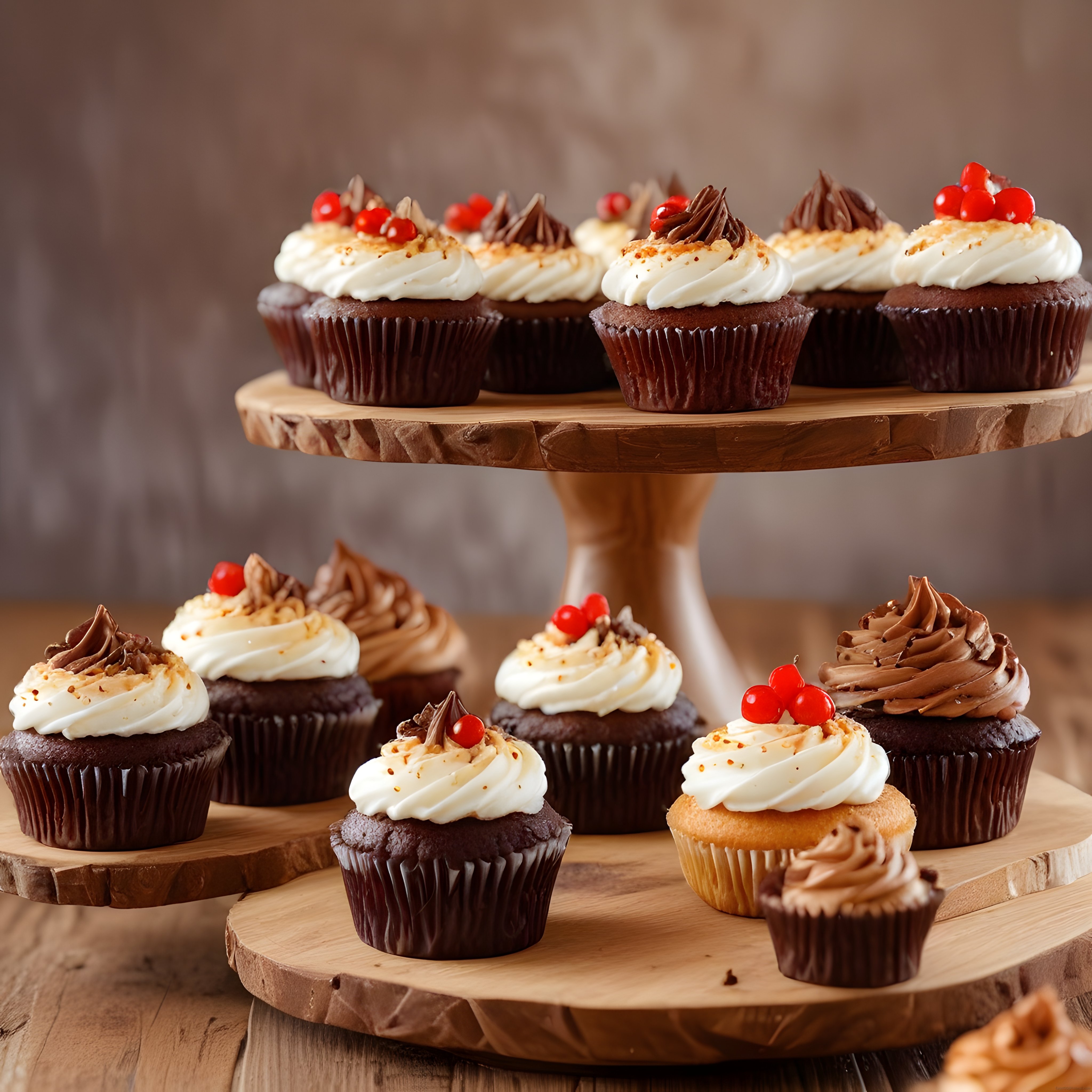 Şık Ahşap Katlı Standlarda Sunulan Çikolatalı ve Kremalı Cupcakeler
