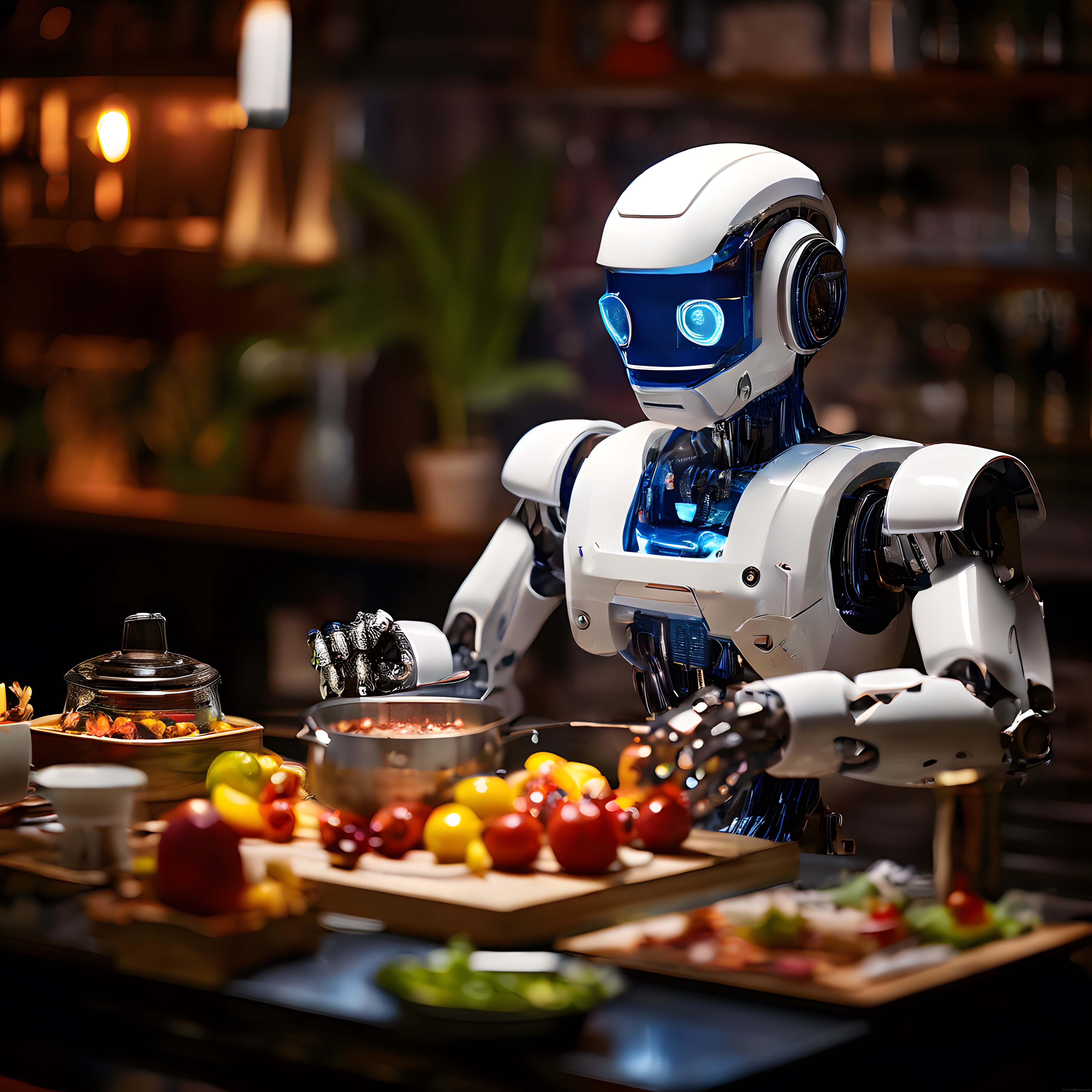 Şık Ahşap Mutfakta Sebzeli Yemek Hazırlayan Beyaz İnsanoid Robot
