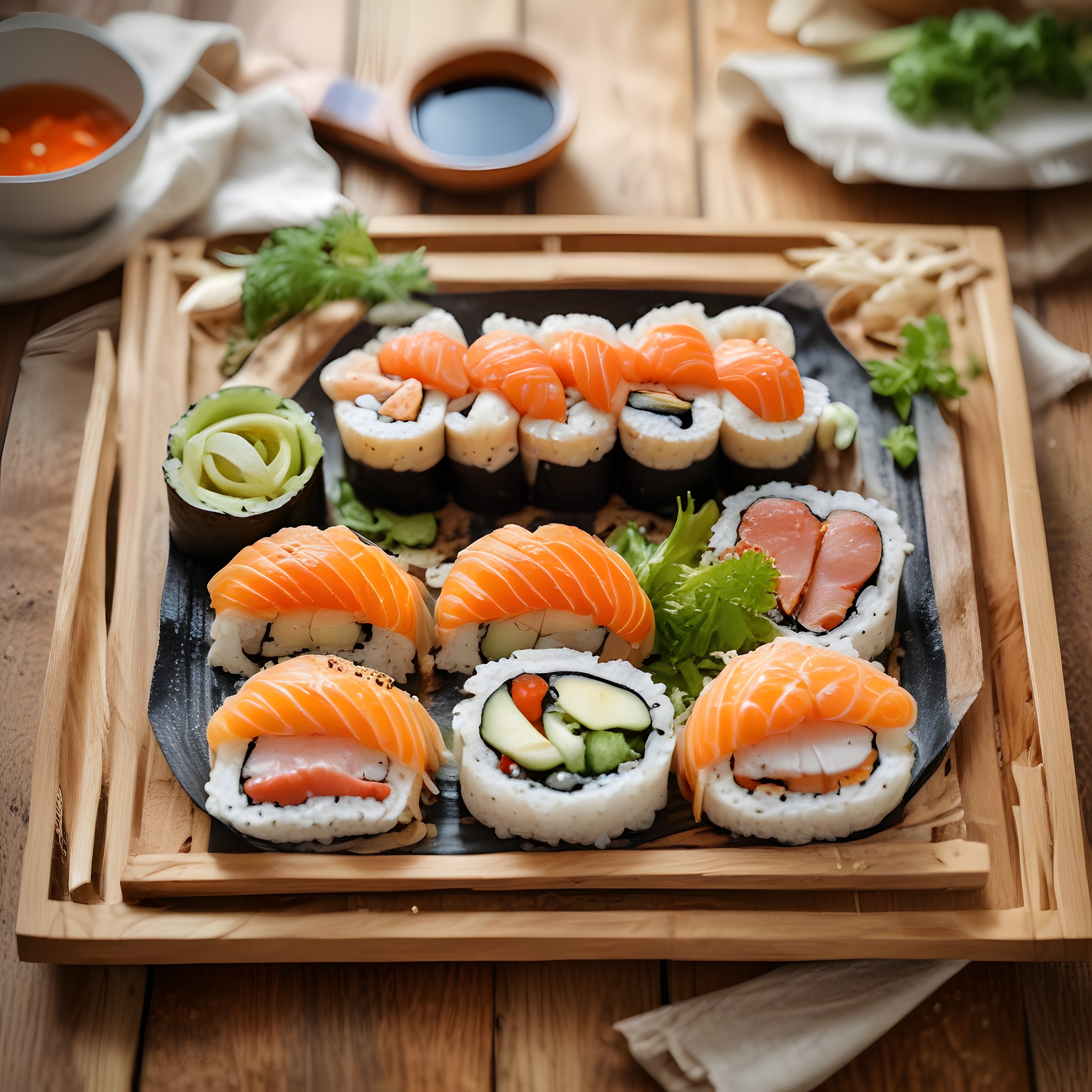 Şık Ahşap Sunum Tabağında Taze Somonlu Sushi Çeşitleri ve Soya Sosu