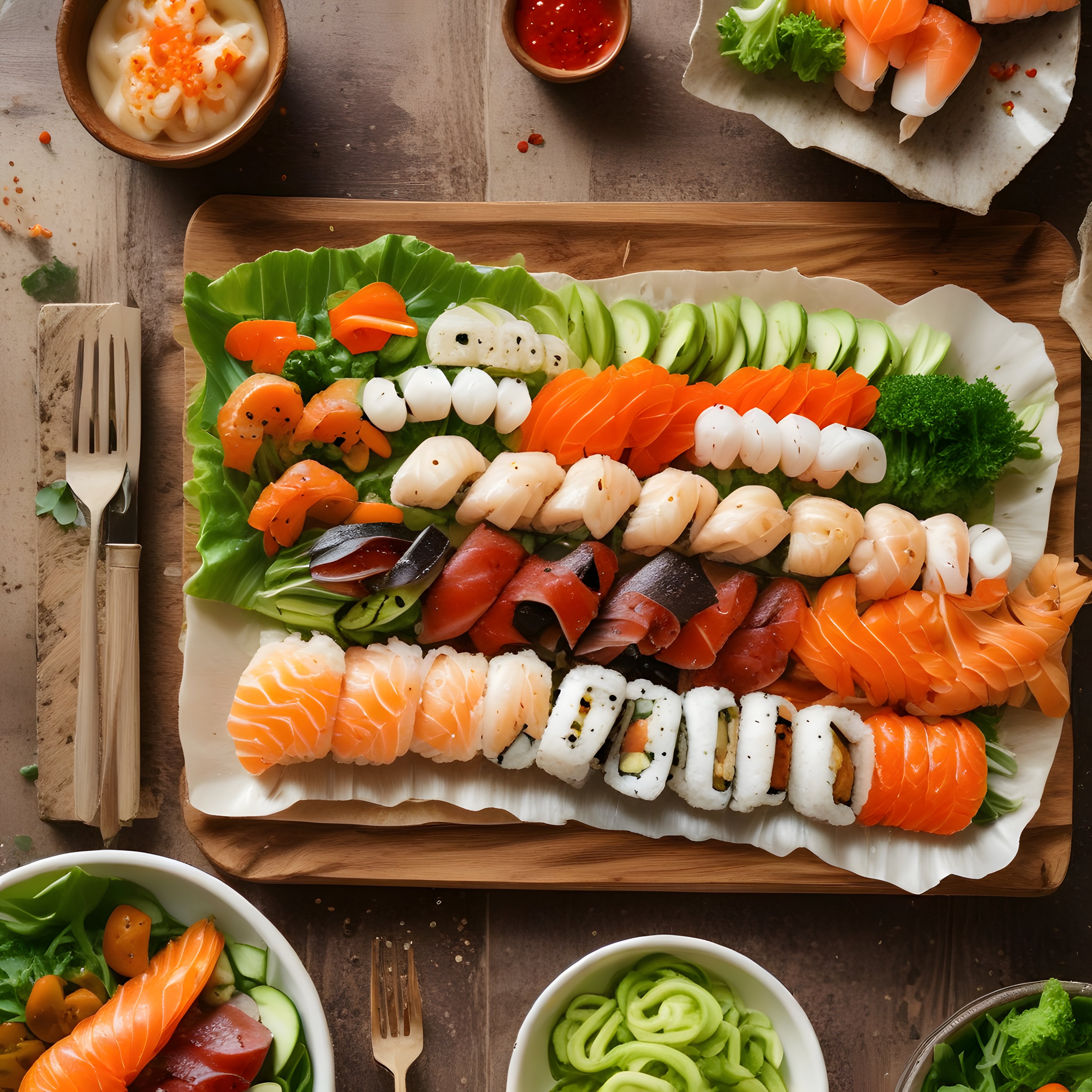 Şık ahşap sunum tahtası üzerinde çeşitli taze suşi ve sashimi seçenekleri