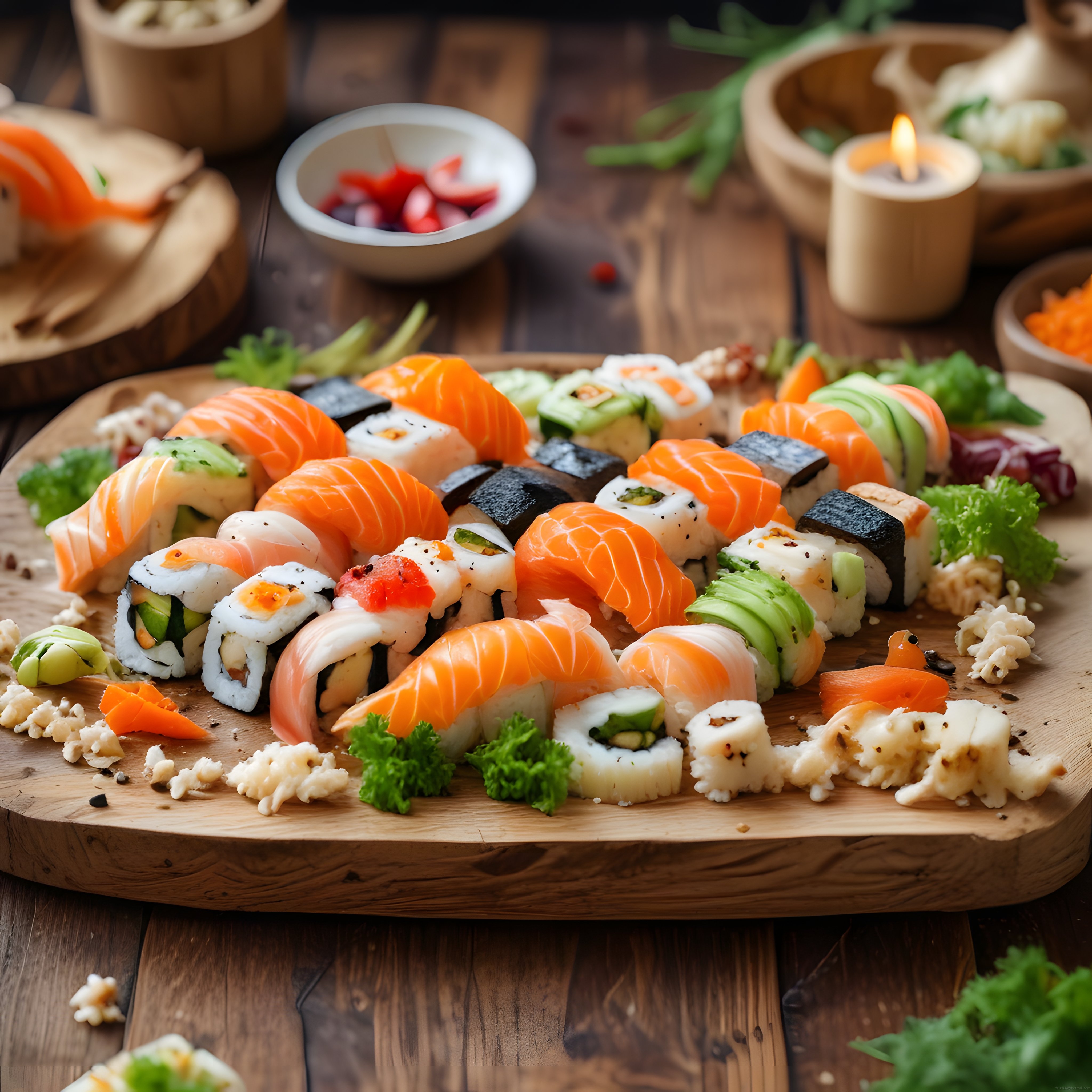 Şık Ahşap Sunum Tahtası Üzerinde Renkli ve Taze Sushi Çeşitleri