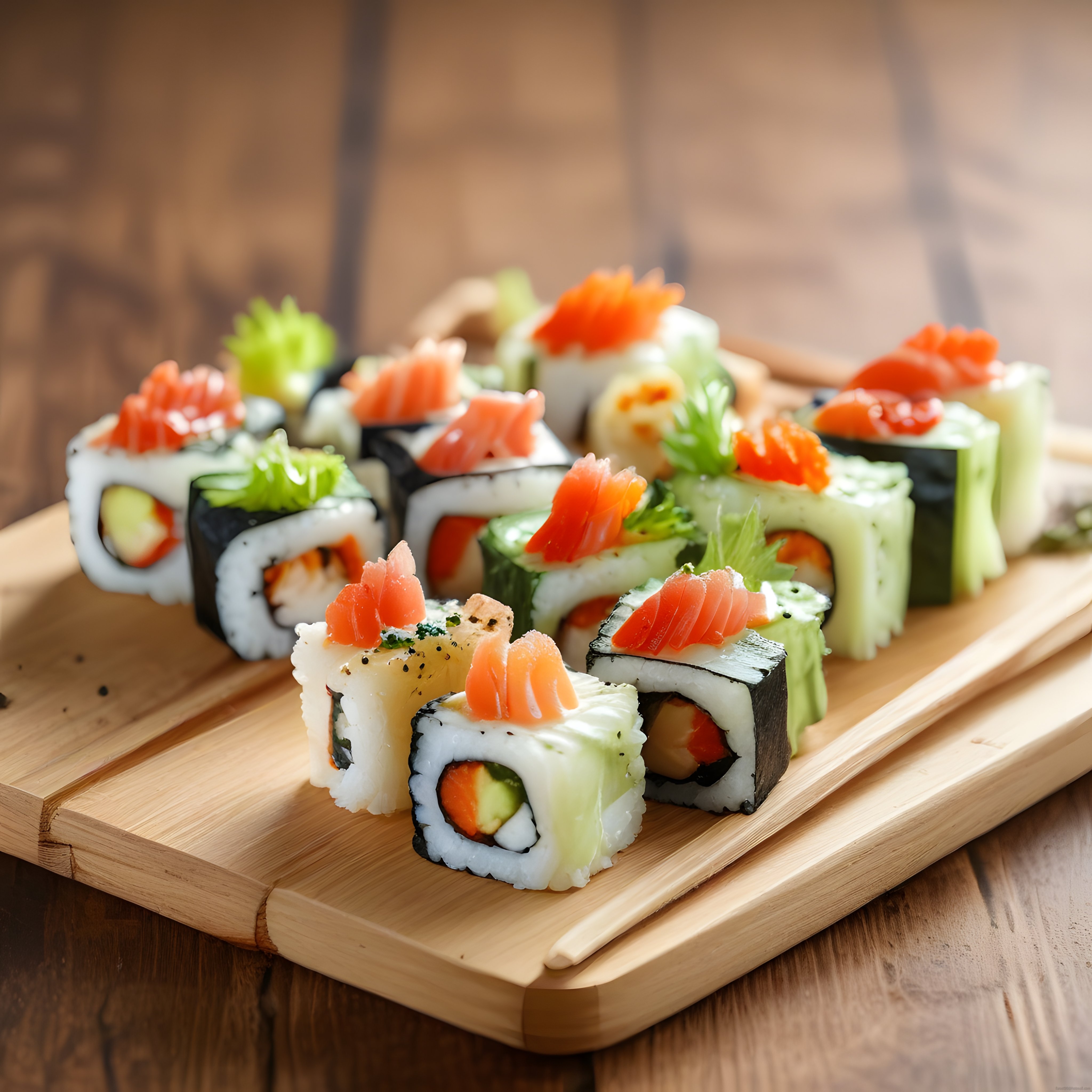 Şık Ahşap Sunum Tahtası Üzerinde Taze Somonlu Çeşitli Sushi Roll'ları
