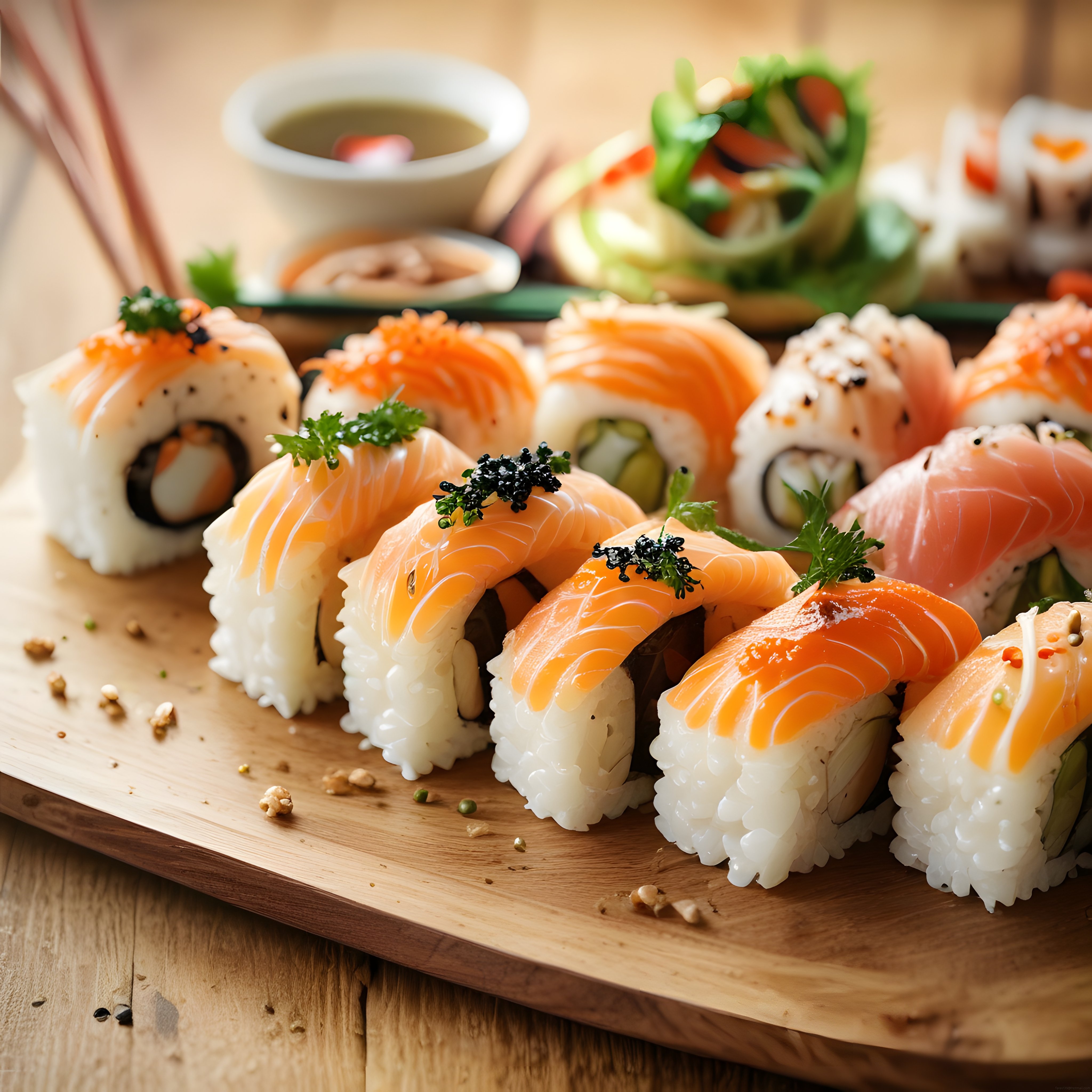 Şık Ahşap Sunum Tahtası Üzerinde Taze Somonlu Sushi ve Makiler