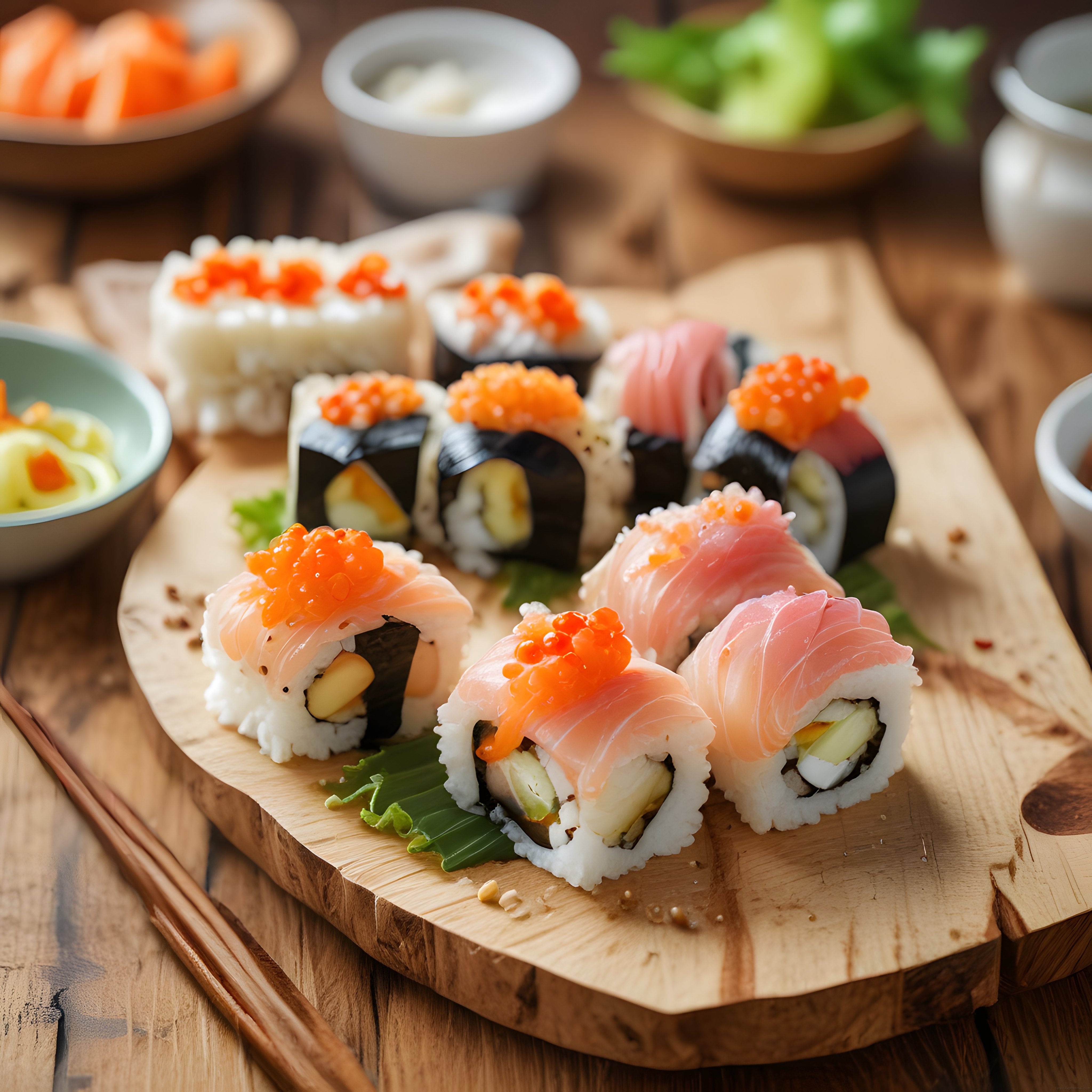 Şık Ahşap Sunum Tahtası Üzerinde Taze Somonlu ve Havyarlı Sushi Çeşitleri