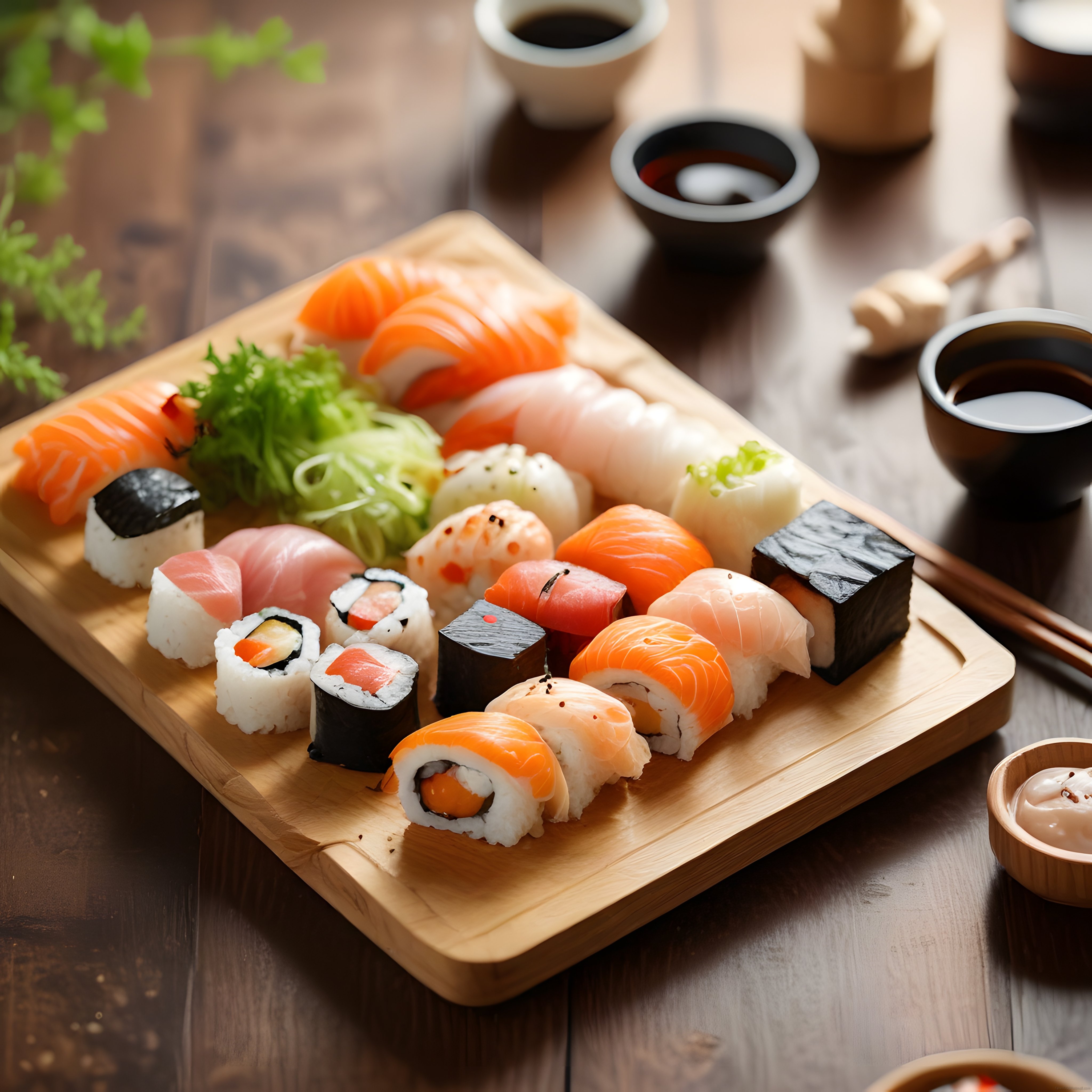 Şık Ahşap Sunum Tahtasında Çeşitli Sushi Çeşitleri ve Japon Lezzetleri