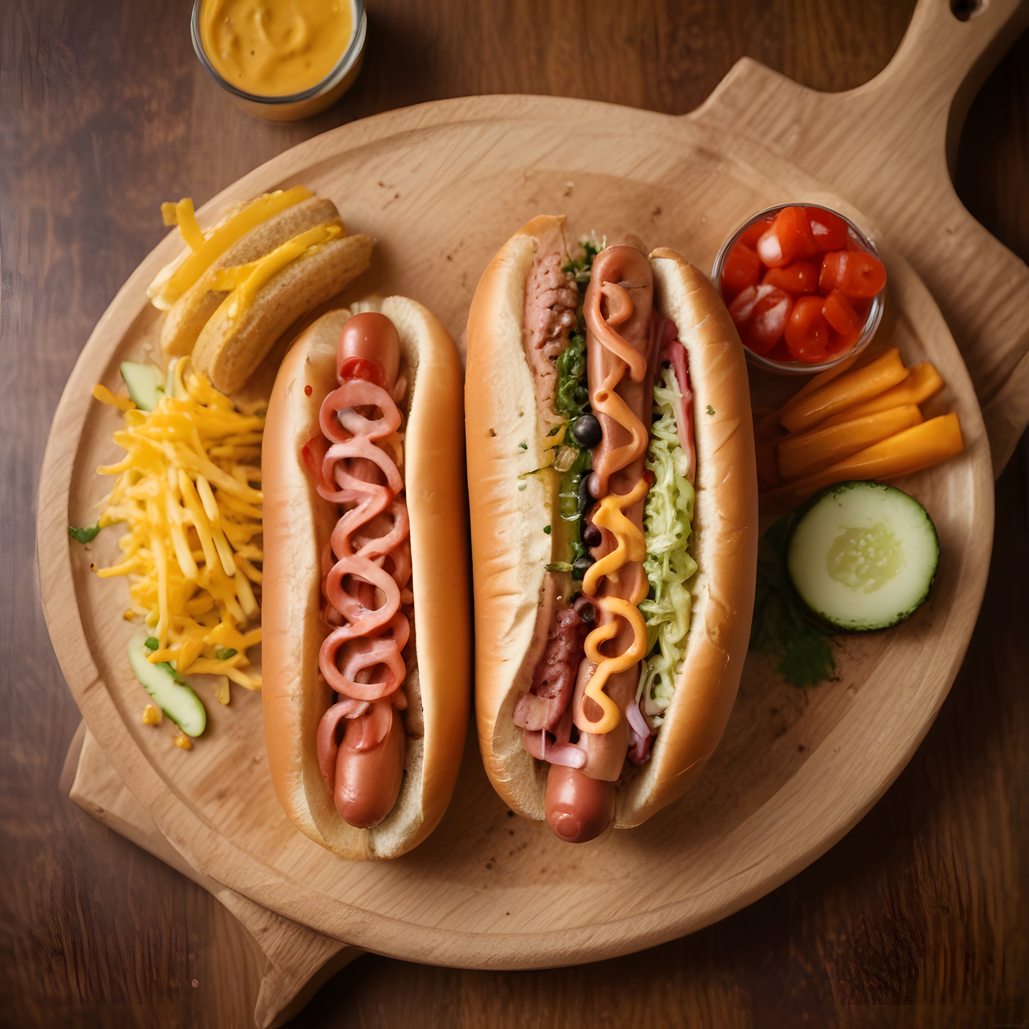 Şık ahşap sunum tahtasında özel soslu hot dog ve renkli garnitürler