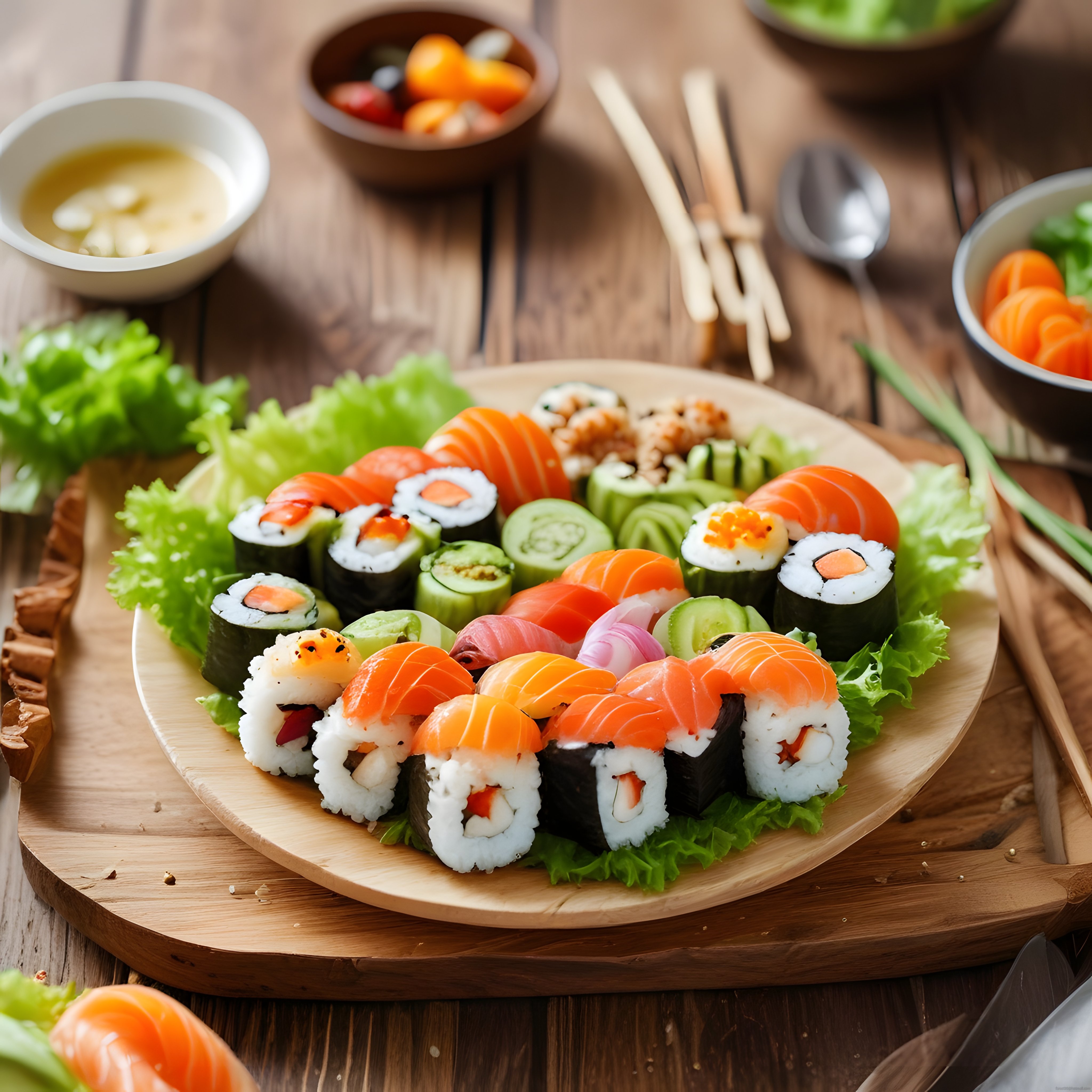 Şık Ahşap Sunum Tahtasında Taze Somonlu Sushi ve Makiler: Japon Mutfağı