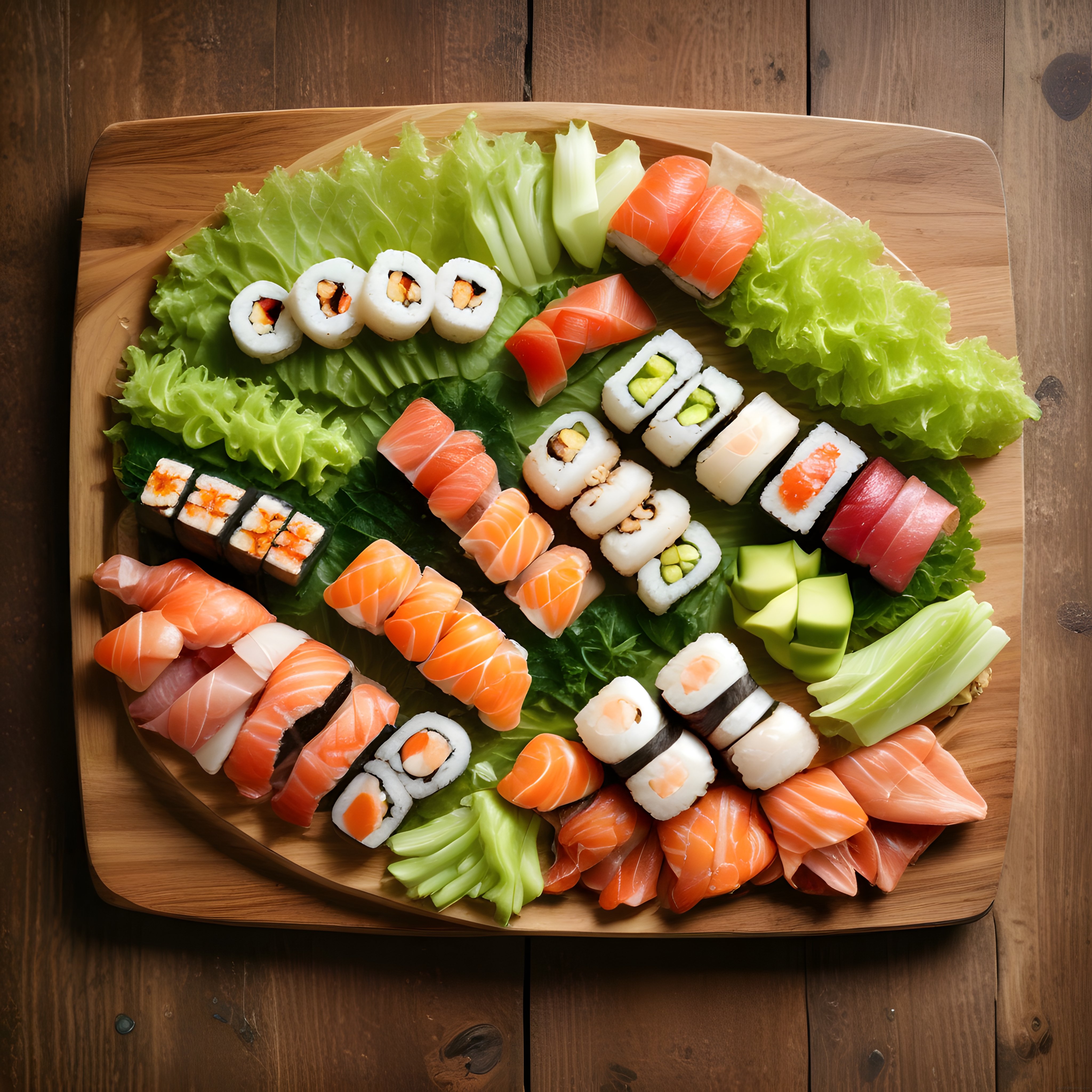 Şık Ahşap Sunum Tahtasında Taze Sushi Çeşitleri ve Deniz Ürünleri Tabağı