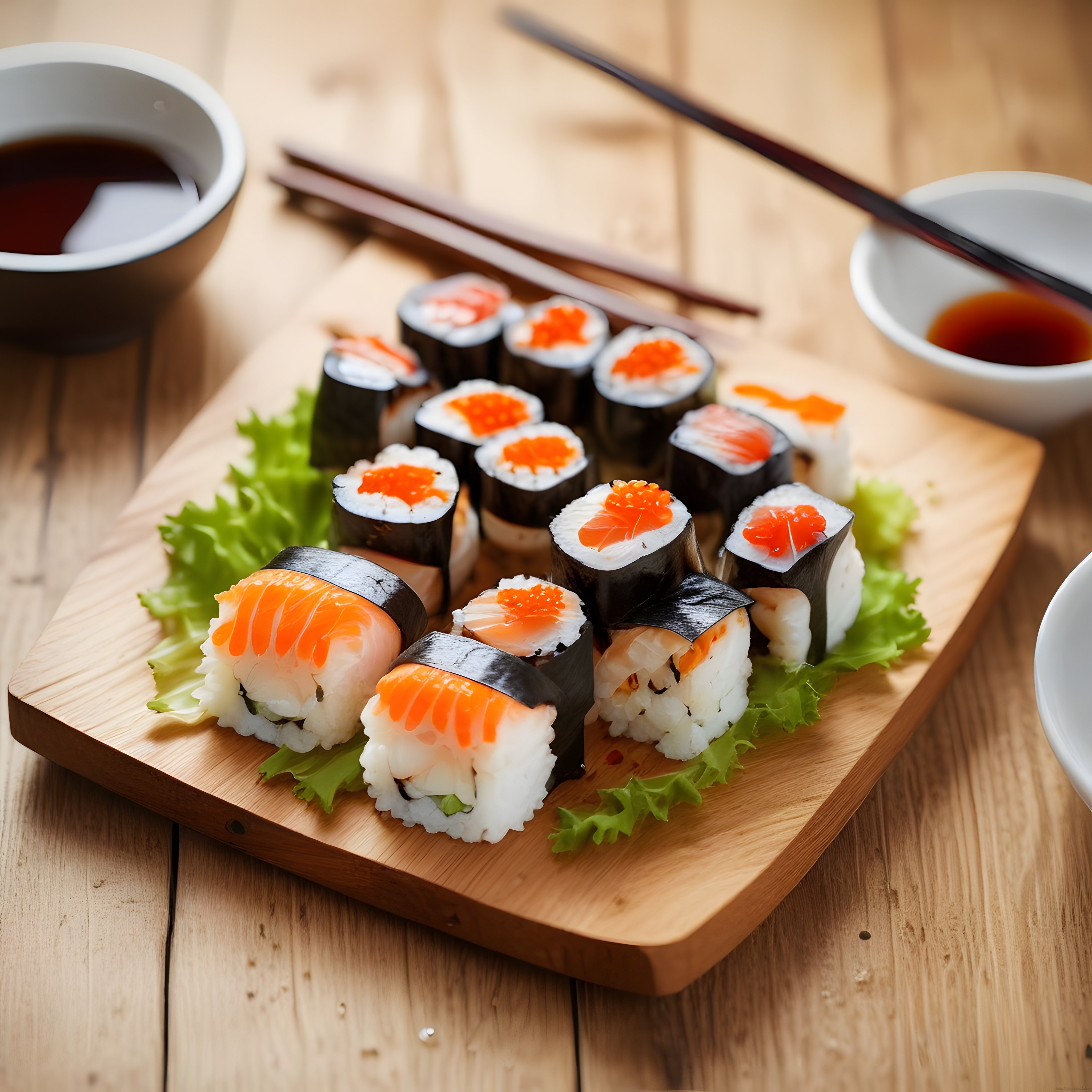 Şık Ahşap Sunum Üzerinde Çeşitli Somonlu ve Havyarlı Sushi Ruloları