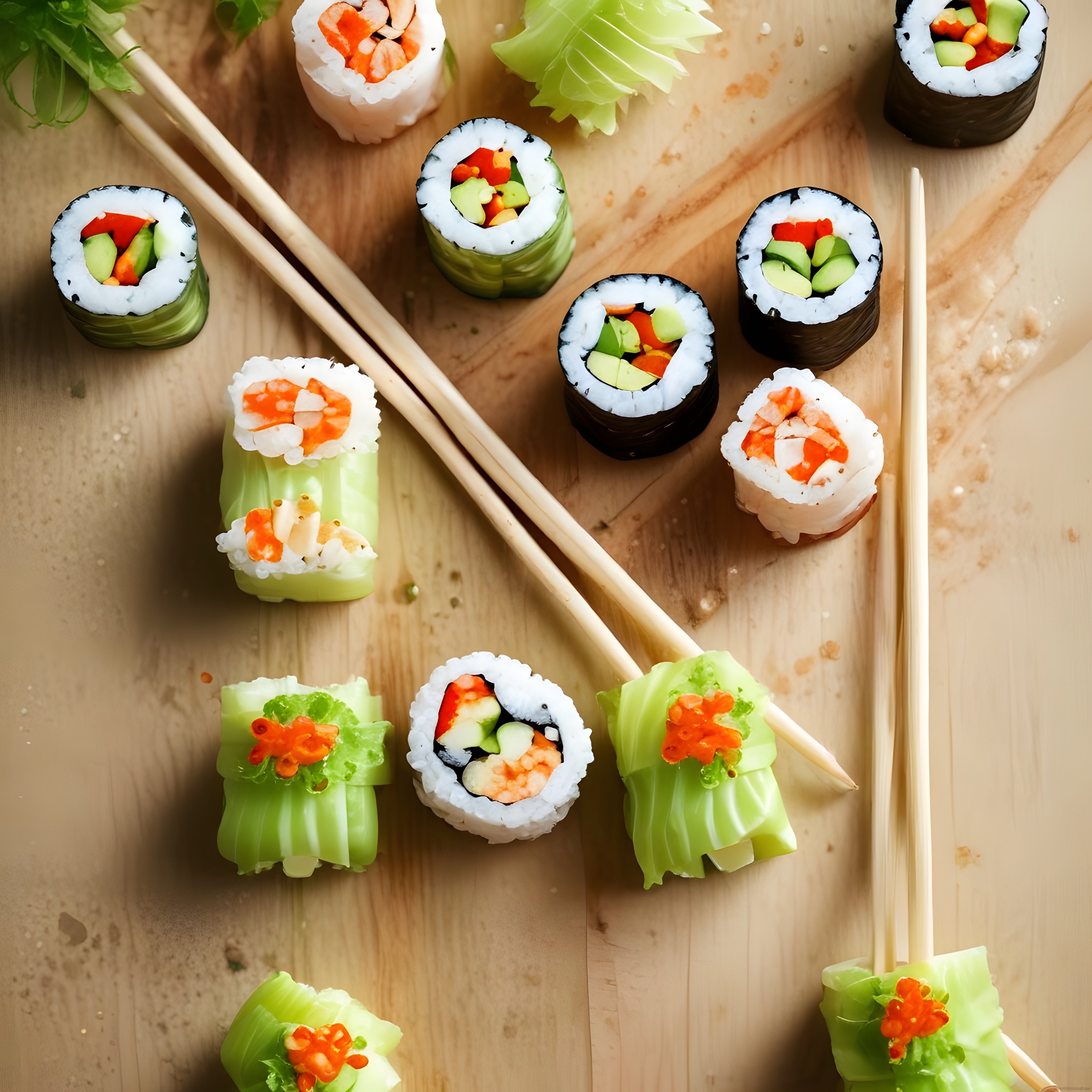 Şık Ahşap Sunum Üzerinde Çeşitli Sushi ve Maki Ruloları Üstten Görünüm