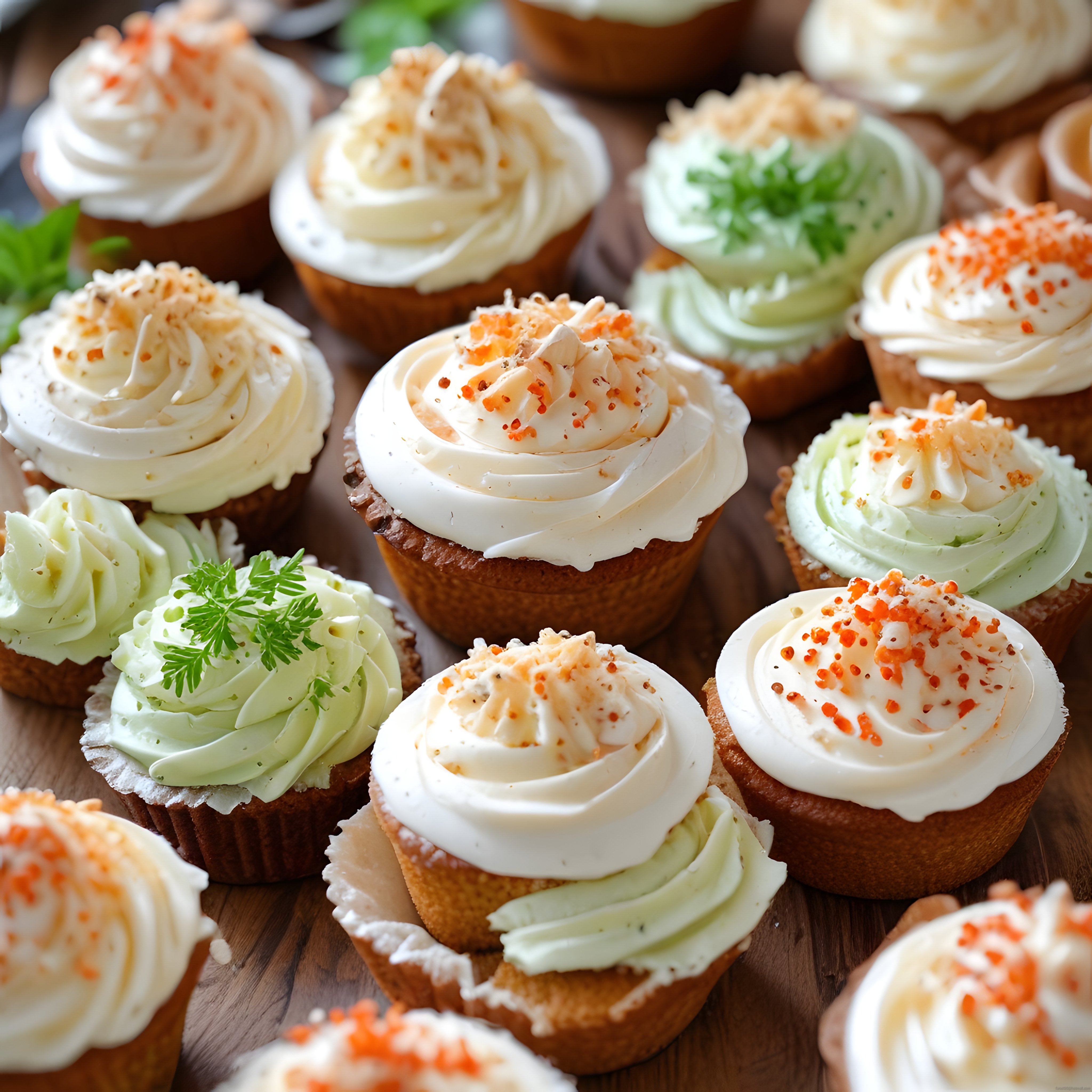 Şık Ahşap Sunumda Çeşitli Krema Süslemeli Cupcake ve Mini Tart İkramları