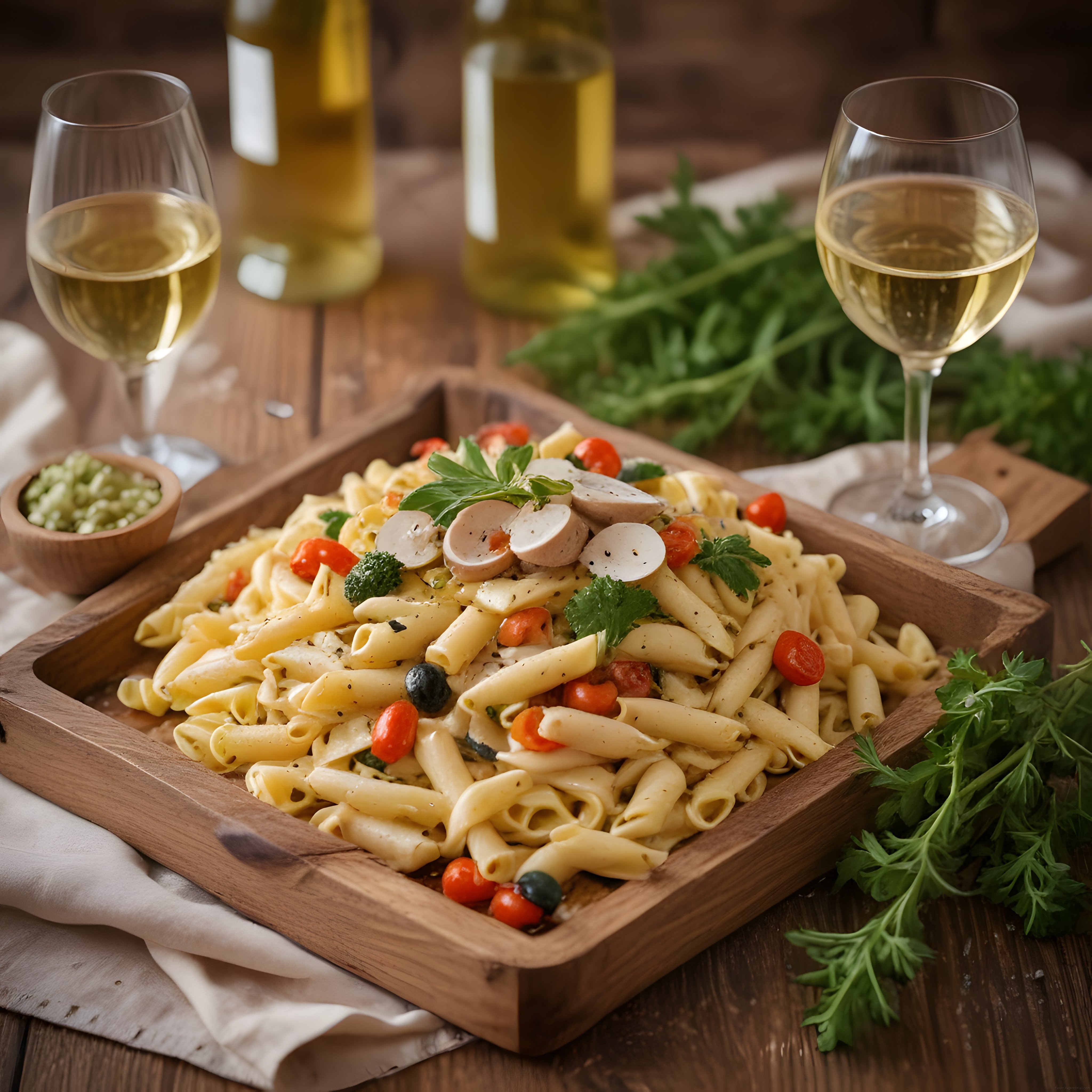 Şık Ahşap Sunumda Sebzeli Tavuklu Penne Makarna ve Beyaz Şarap Eşliği