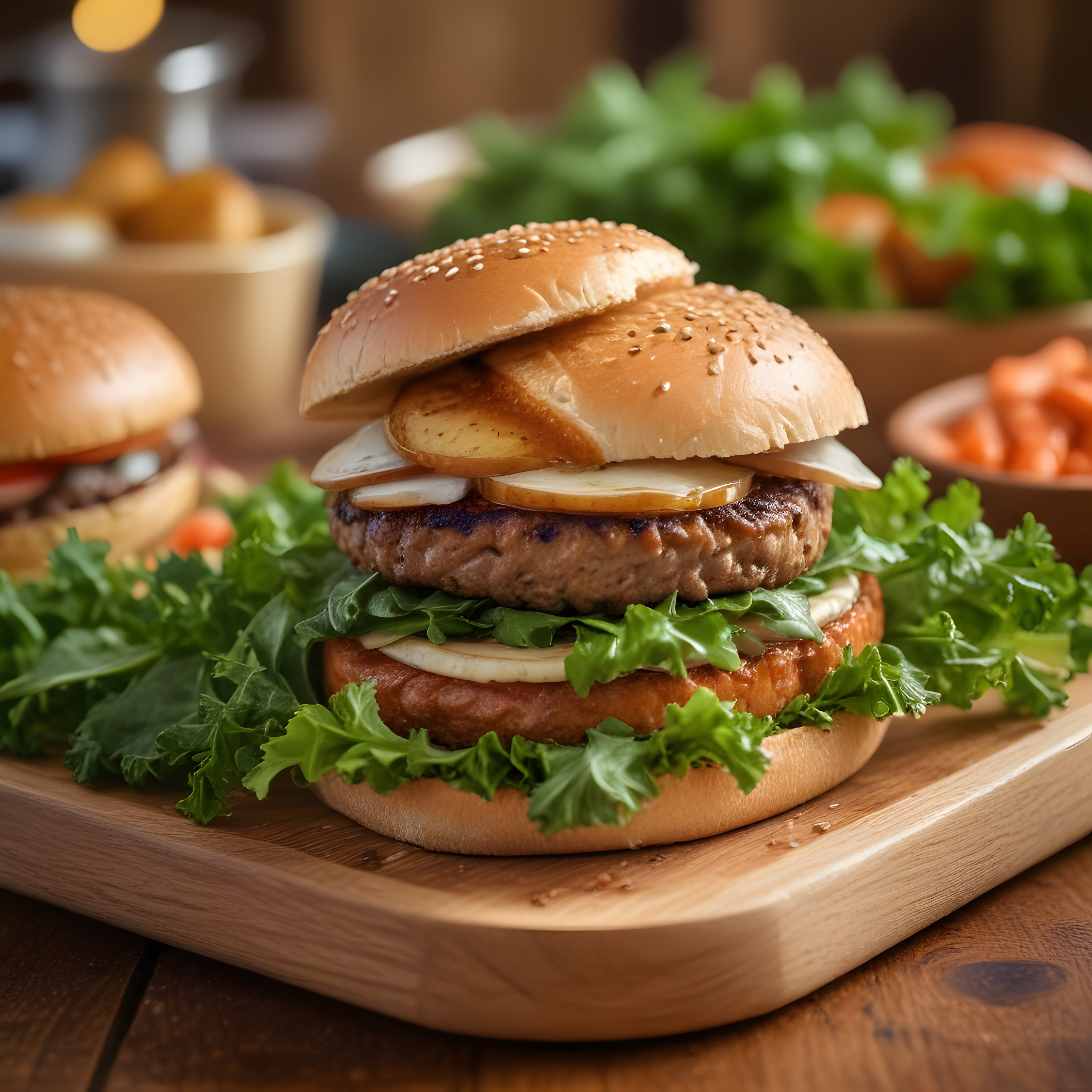 Şık Ahşap Sunumlu Çift Katlı Gourmet Hamburger ve Lezzetli Detayları