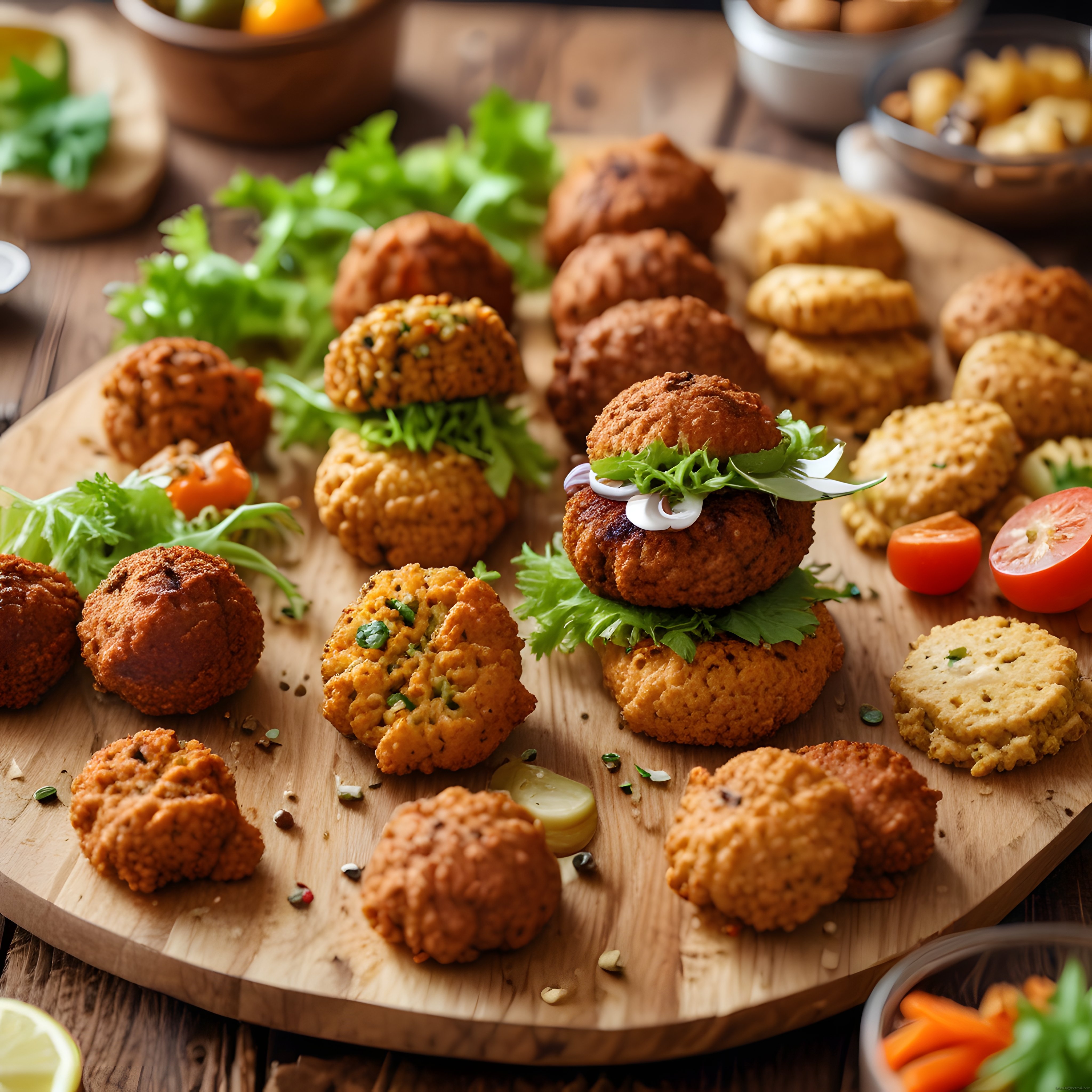 Şık ahşap tahta üzerinde falafel ve köfte çeşitleri taze yeşilliklerle sunuldu