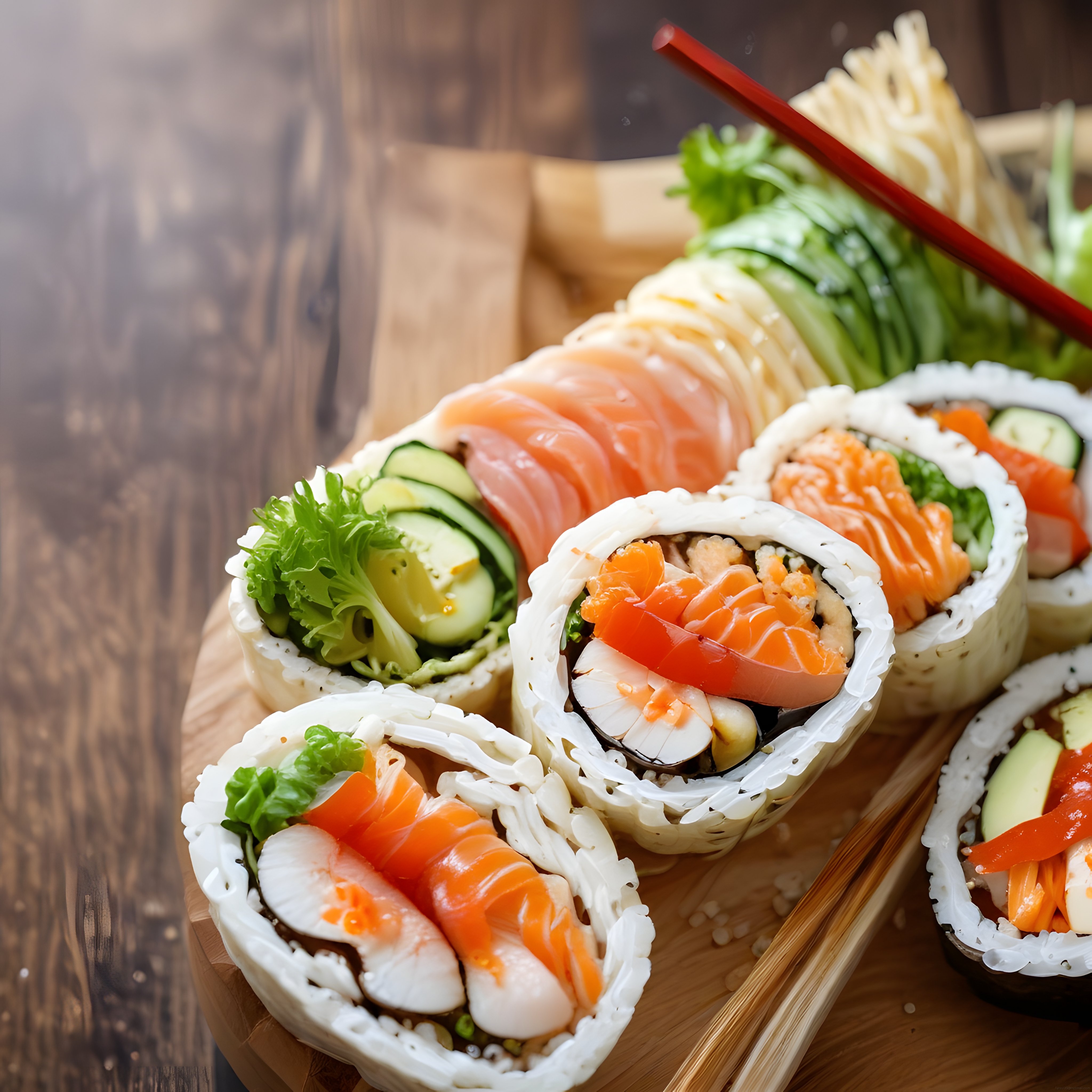 Şık Ahşap Tepsi Üzerinde Hazırlanmış Taze ve Renkli Sushi Çeşitleri