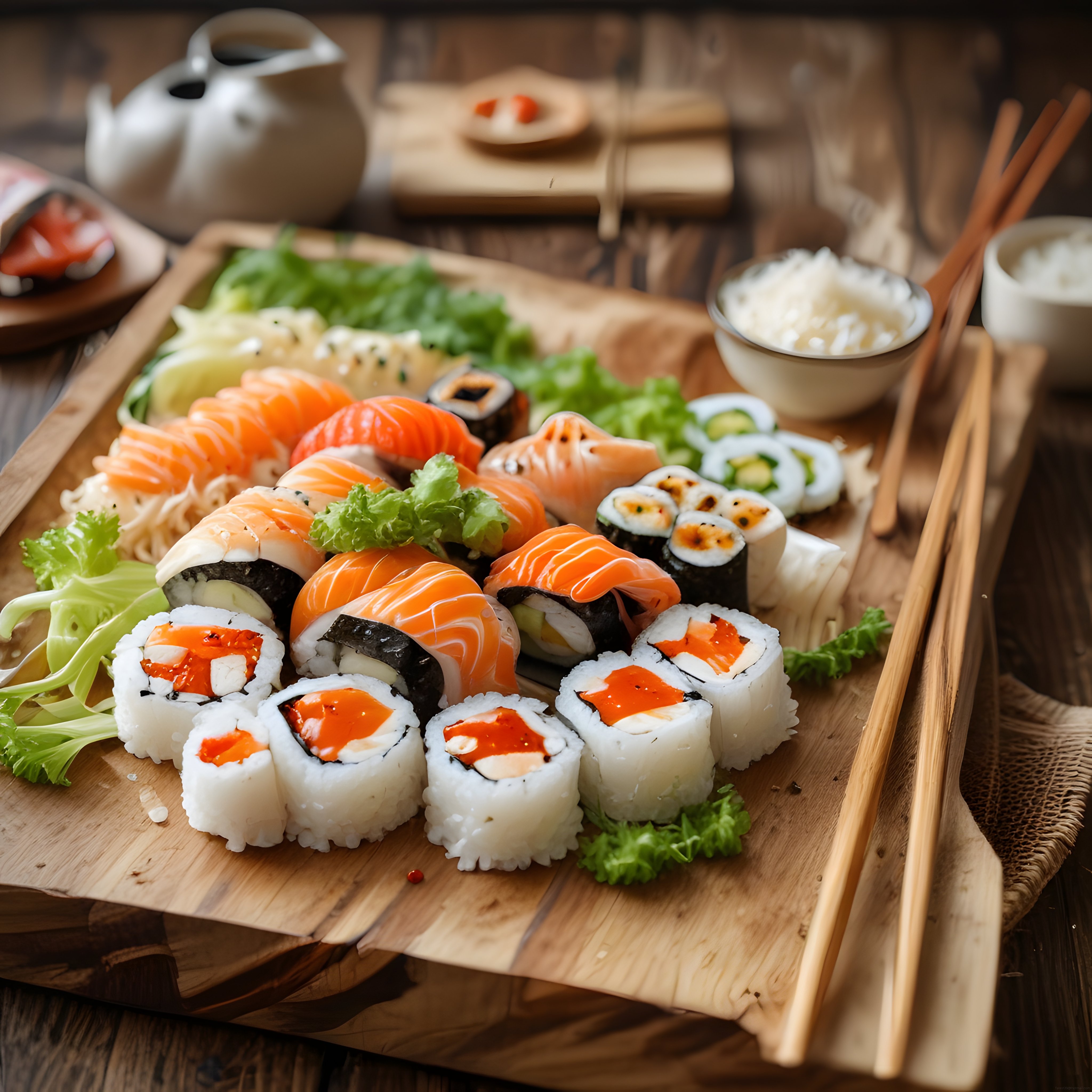 Şık Ahşap Tepsi Üzerinde Somonlu Maki ve Nigiri Sushi Sunumu