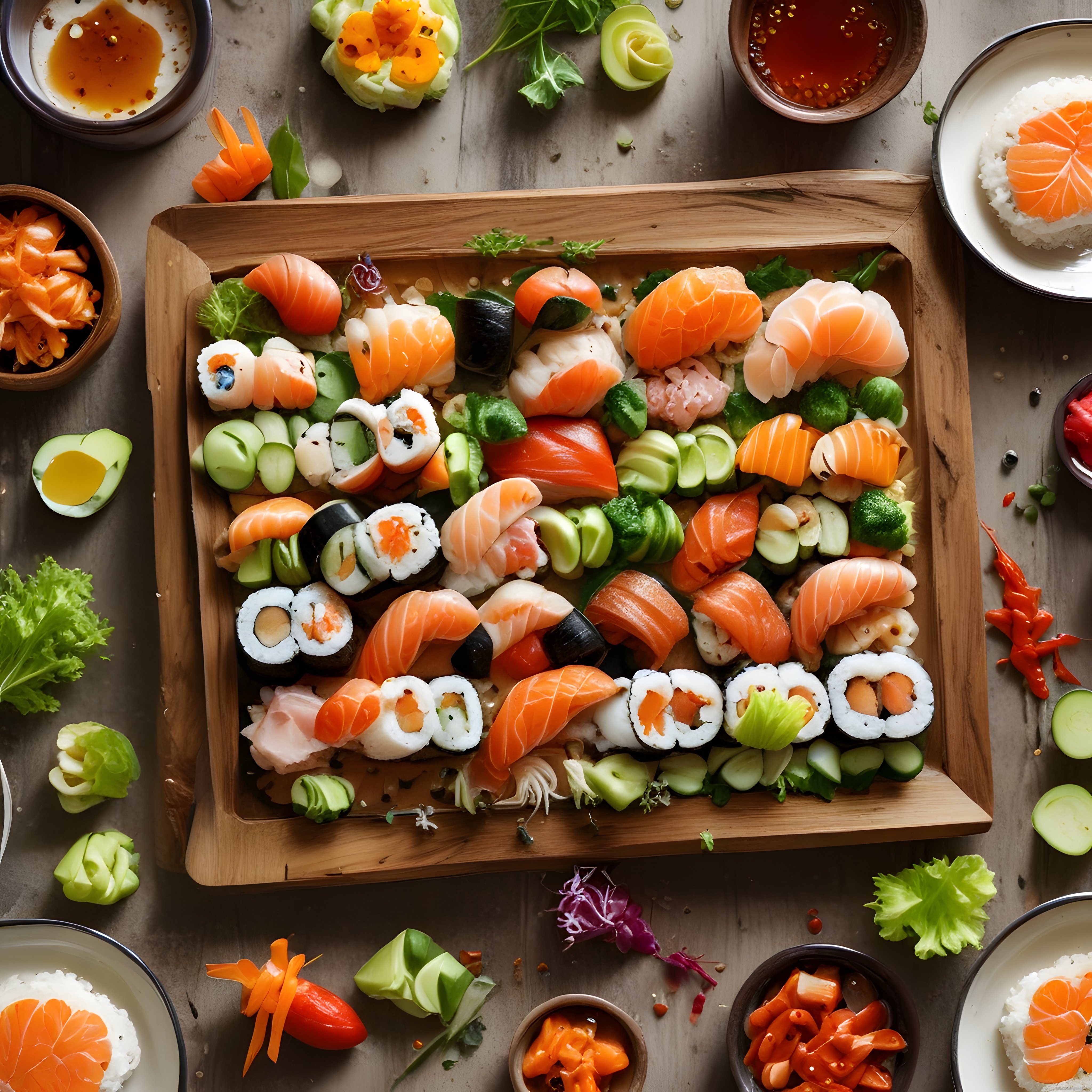 Şık Ahşap Tepside Çeşitli Sushi ve Sashimi Sunumu, Japon Mutfağı